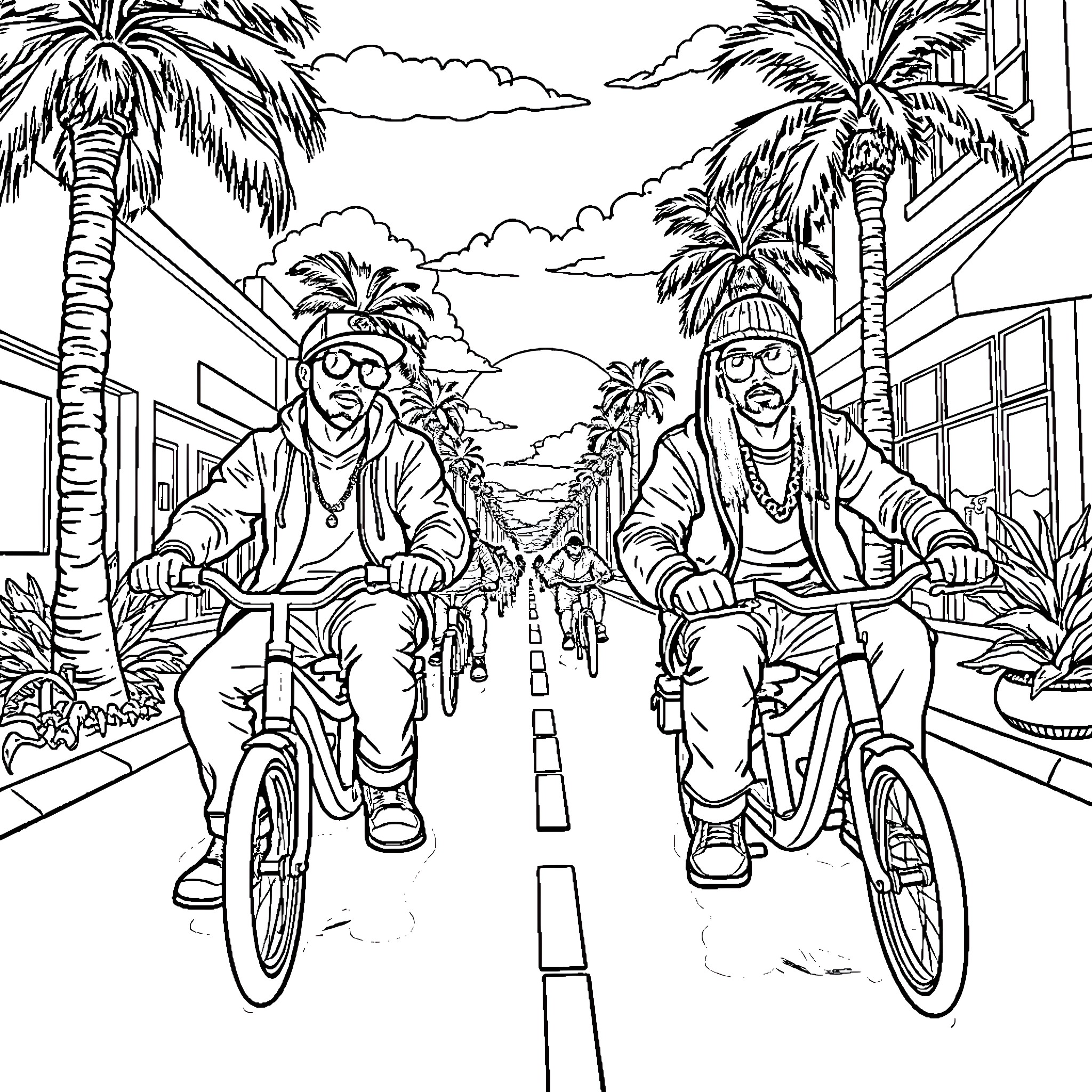 Rappers enjoying a bicycle ride through a tropical town Coloring Page (free black-and-white line drawing printable PDF for all, from beginners to advanced learners, including children, teens, adults, and seniors)