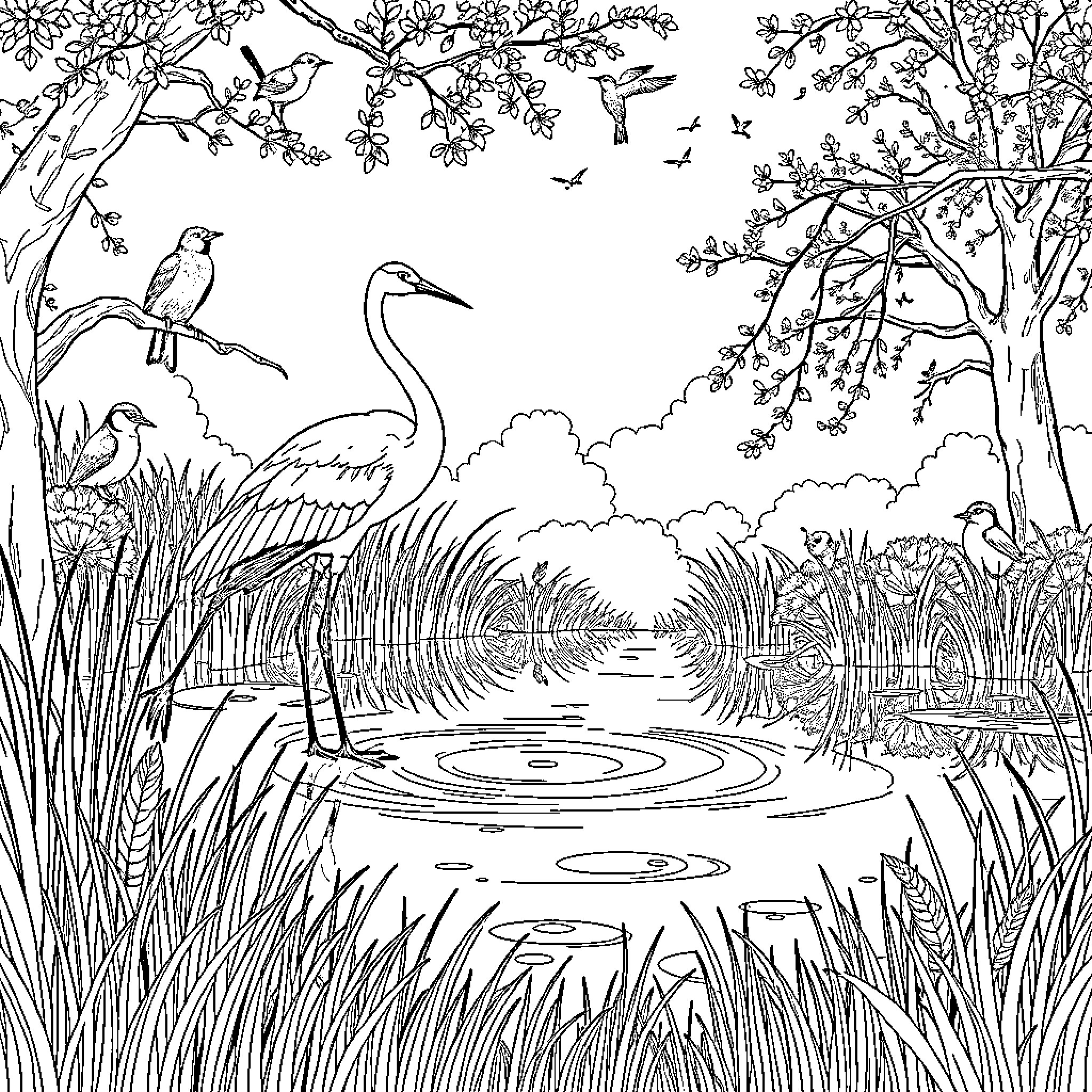 Cranes in the serene wetland landscape Coloring Page (free black-and-white line drawing printable PDF for all, from beginners to advanced learners, including children, teens, adults, and seniors)