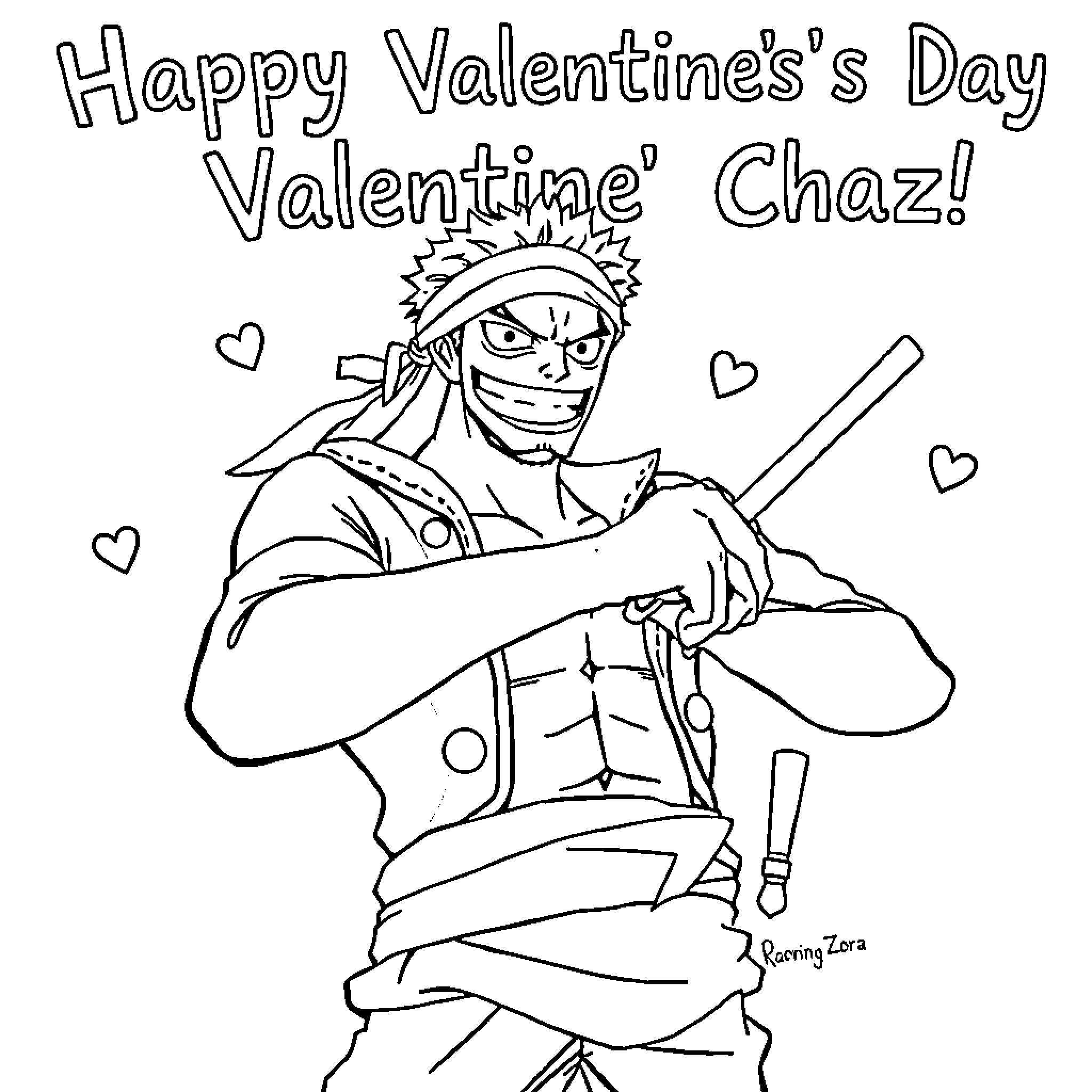 Roronoa Zoro's Valentine's Day Cheer Coloring Page (free black-and-white line drawing printable PDF for all, from beginners to advanced learners, including children, teens, adults, and seniors)