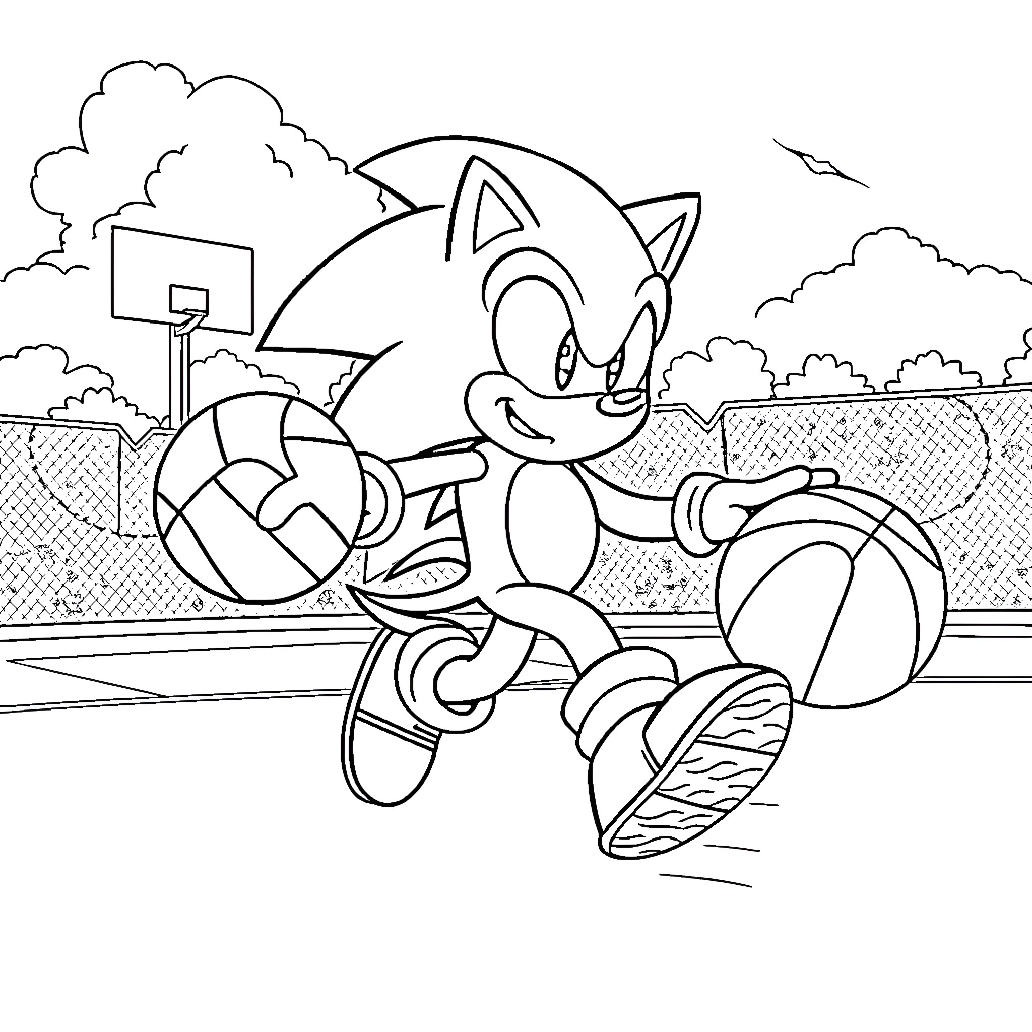 Sonic enjoying outdoor activities with sports equipment Coloring Page (free black-and-white line drawing printable PDF for all, from beginners to advanced learners, including children, teens, adults, and seniors)
