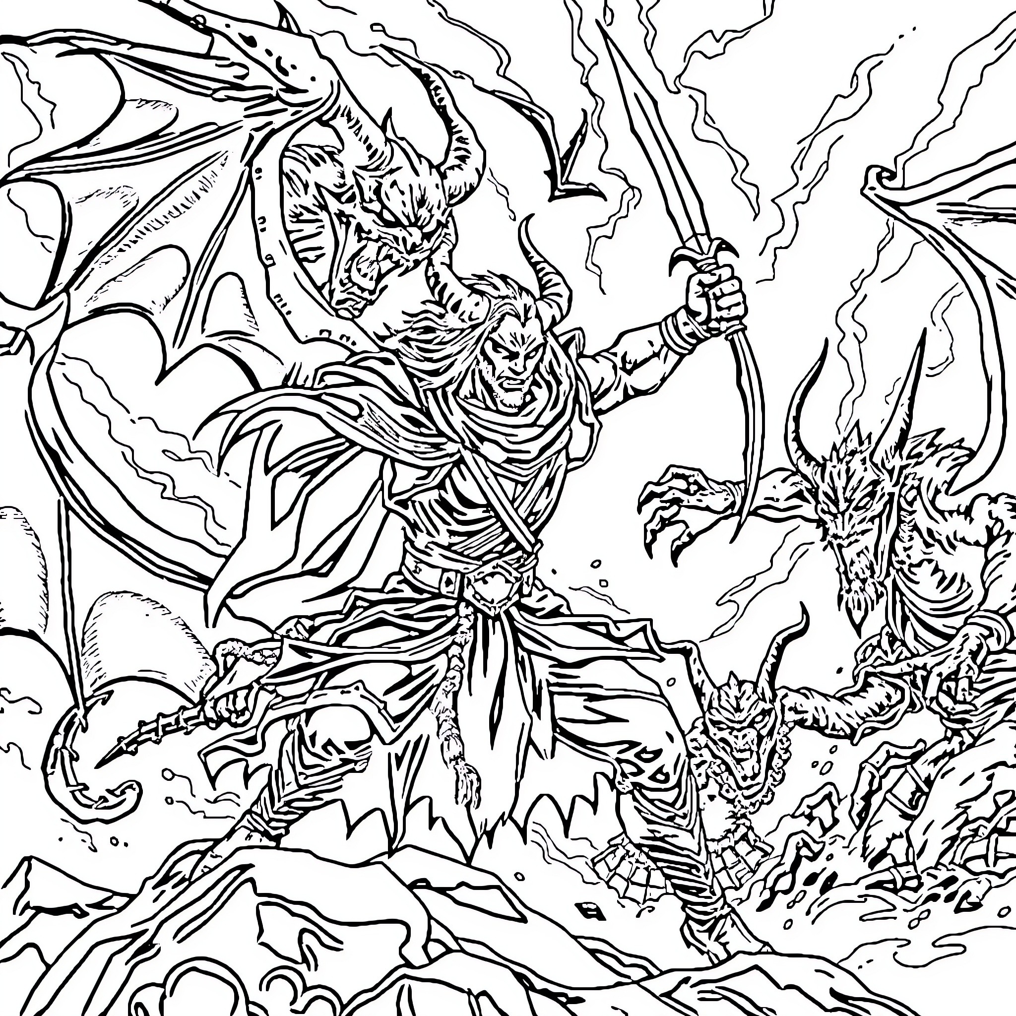 Demon Slayer Fights Fearsome Dragon in Dramatic Battle Coloring Page (free black-and-white line drawing printable PDF for all, from beginners to advanced learners, including children, teens, adults, and seniors)