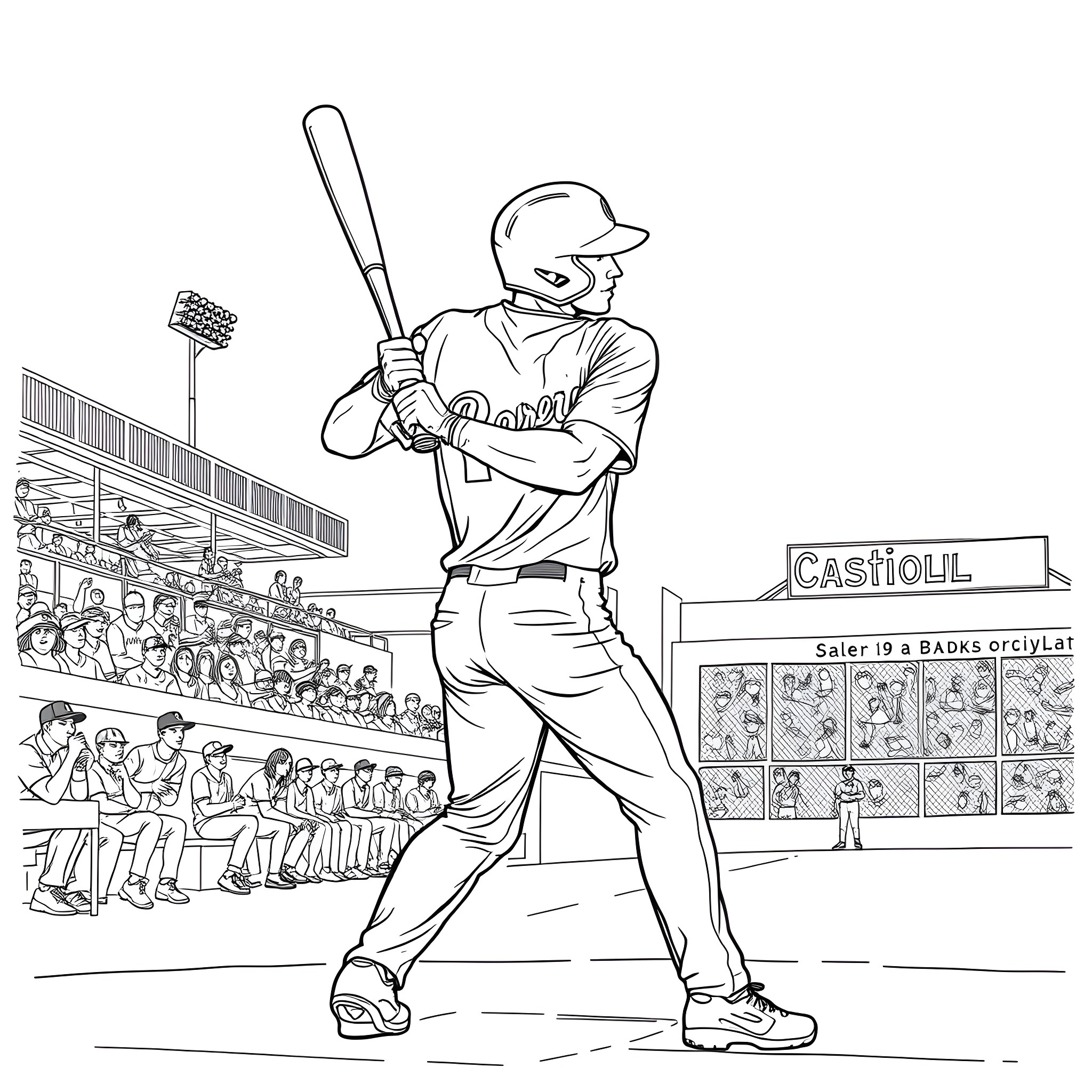 Baseball Player Batting at Stadium Coloring Page (free black-and-white line drawing printable PDF for all, from beginners to advanced learners, including children, teens, adults, and seniors)
