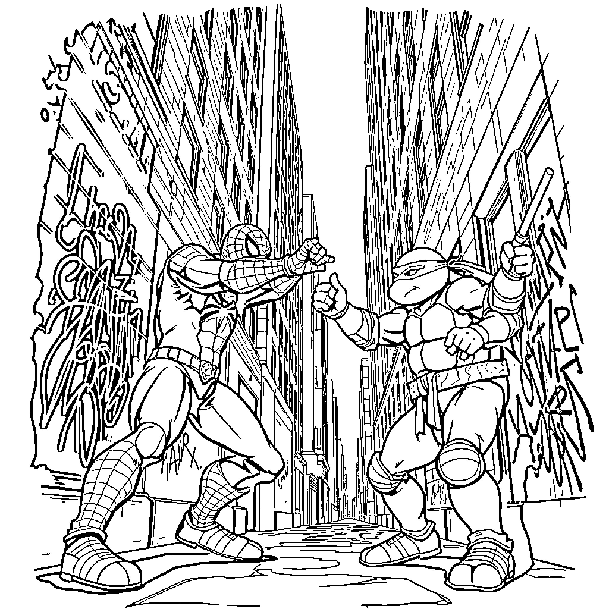 Spiderman in action with the Ninja Turtles Coloring Page (free black-and-white line drawing printable PDF for all, from beginners to advanced learners, including children, teens, adults, and seniors)