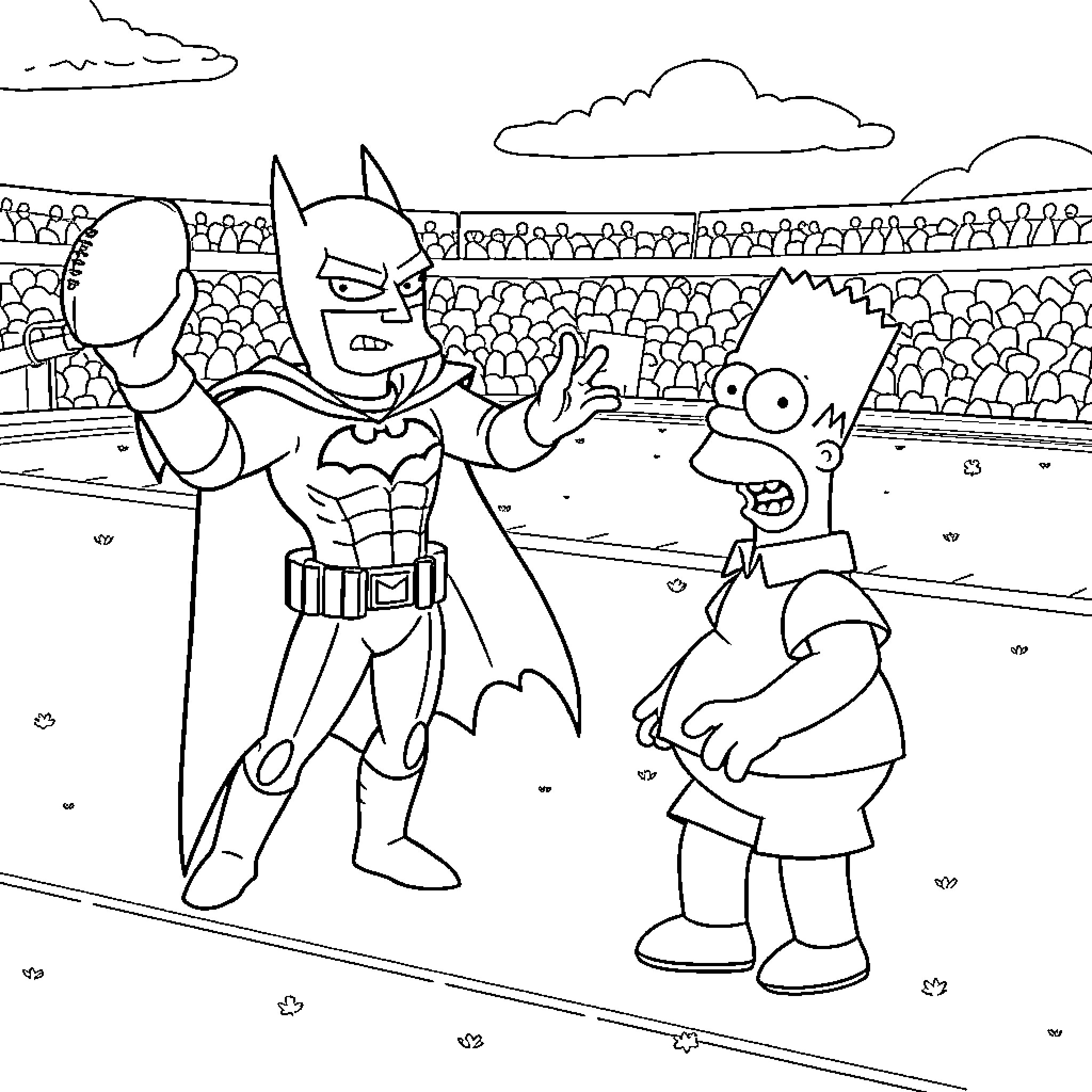 Batman confronts a comical foe in the city Coloring Page (free black-and-white line drawing printable PDF for all, from beginners to advanced learners, including children, teens, adults, and seniors)