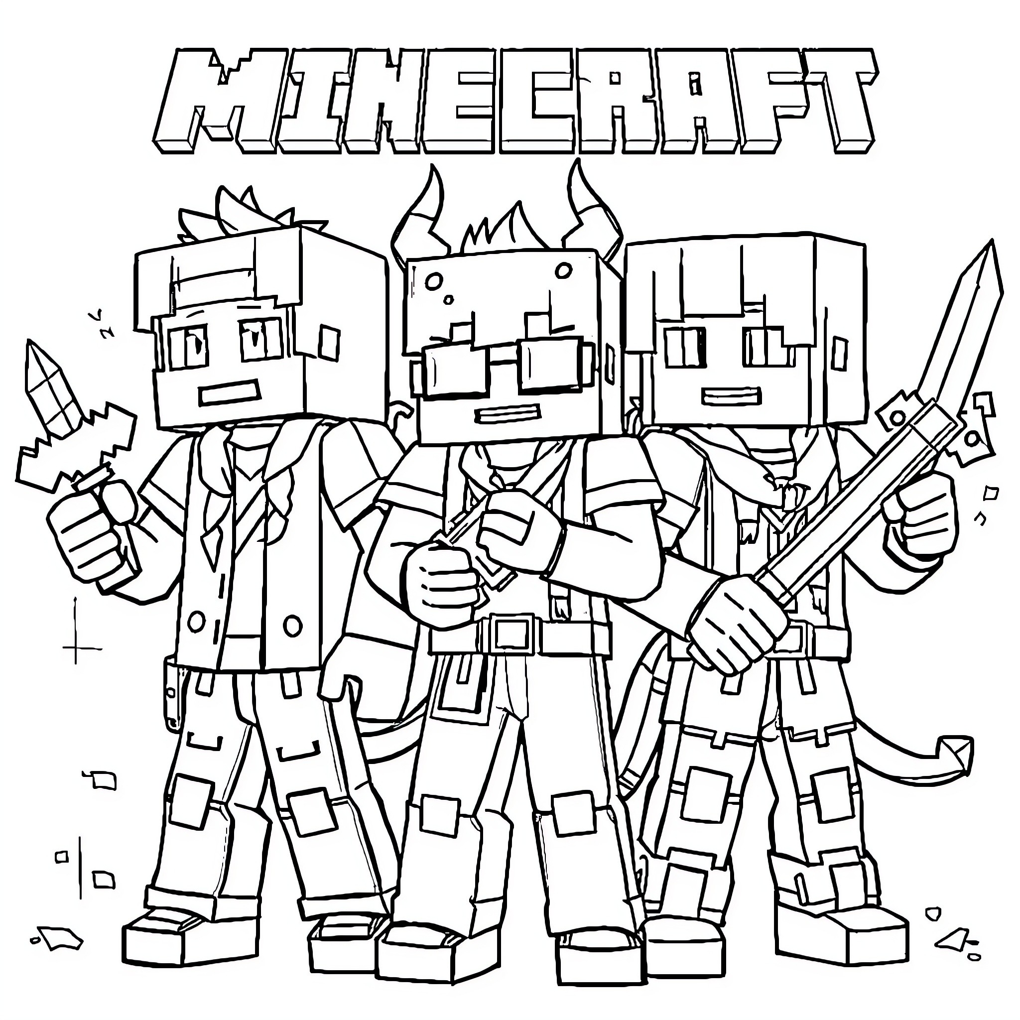 Demon Hunters in Minecraft World Coloring Page (free black-and-white line drawing printable PDF for all, from beginners to advanced learners, including children, teens, adults, and seniors)