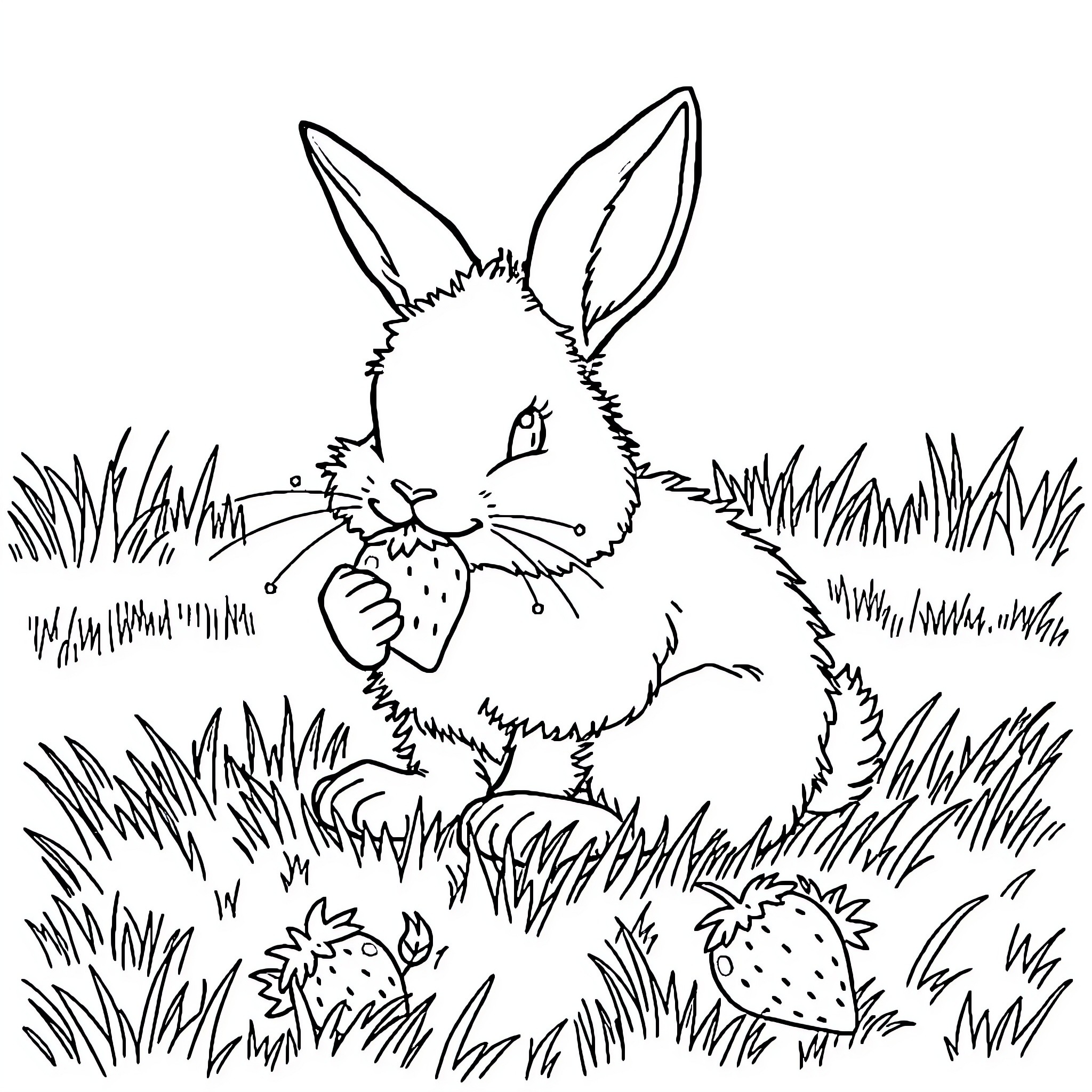 Bunny enjoying a snack in the garden Coloring Page (free black-and-white line drawing printable PDF for all, from beginners to advanced learners, including children, teens, adults, and seniors)