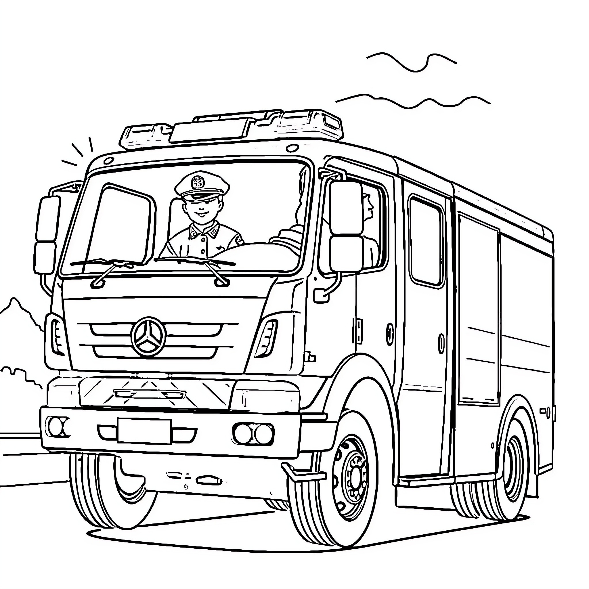 Fire Truck Rushing to Emergency with Firefighter Driver Coloring Page (free black-and-white line drawing printable PDF for all, from beginners to advanced learners, including children, teens, adults, and seniors)
