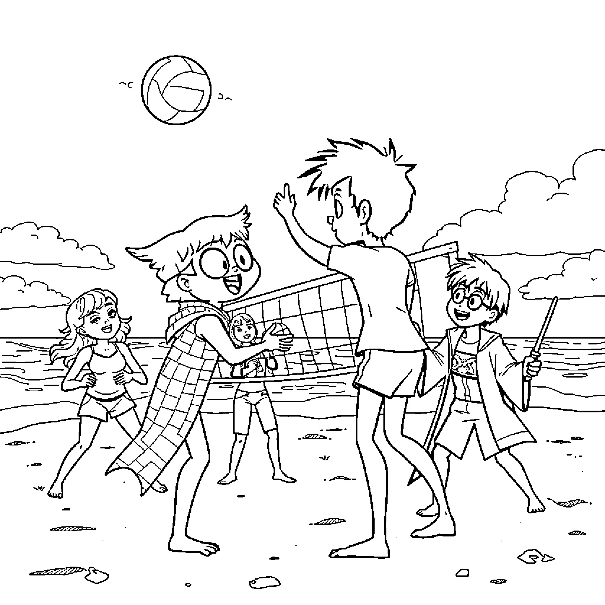 Owl family playing beach volleyball on sunny day Coloring Page (free black-and-white line drawing printable PDF for all, from beginners to advanced learners, including children, teens, adults, and seniors)