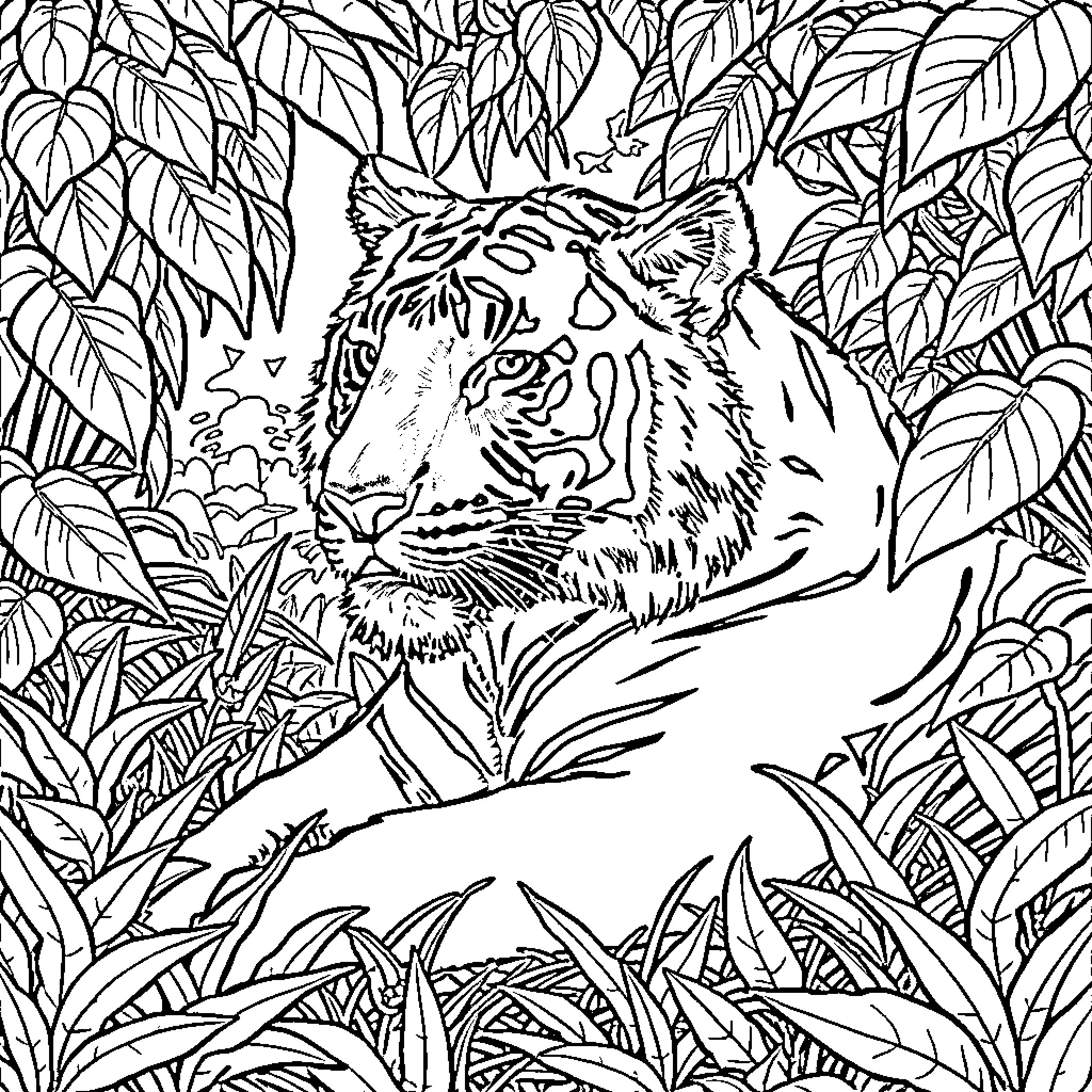 Tiger in Lush Jungle Foliage Coloring Page (free black-and-white line drawing printable PDF for all, from beginners to advanced learners, including children, teens, adults, and seniors)