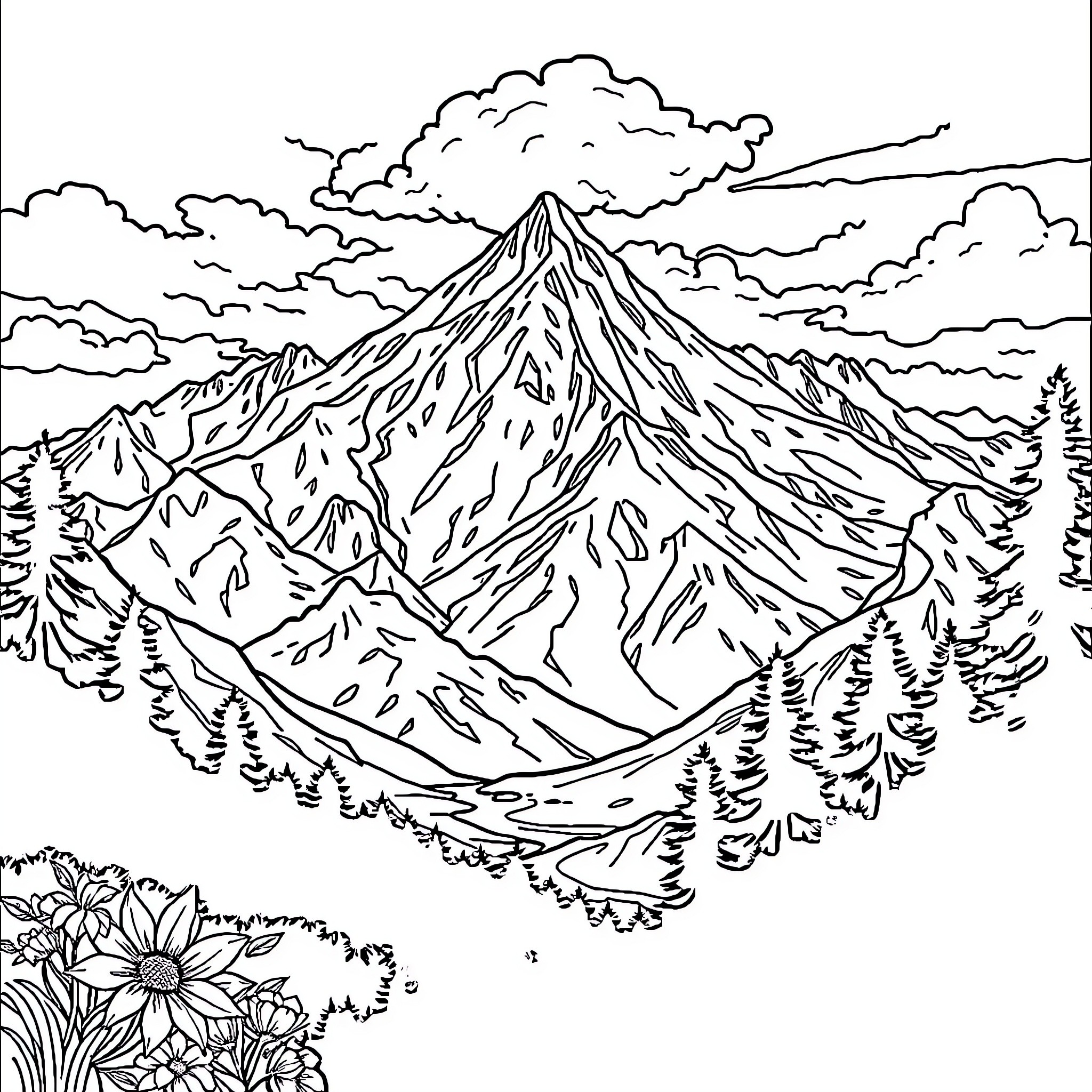 Ecuadorian Climate Landscape with Mountainous Terrain Coloring Page (free black-and-white line drawing printable PDF for all, from beginners to advanced learners, including children, teens, adults, and seniors)