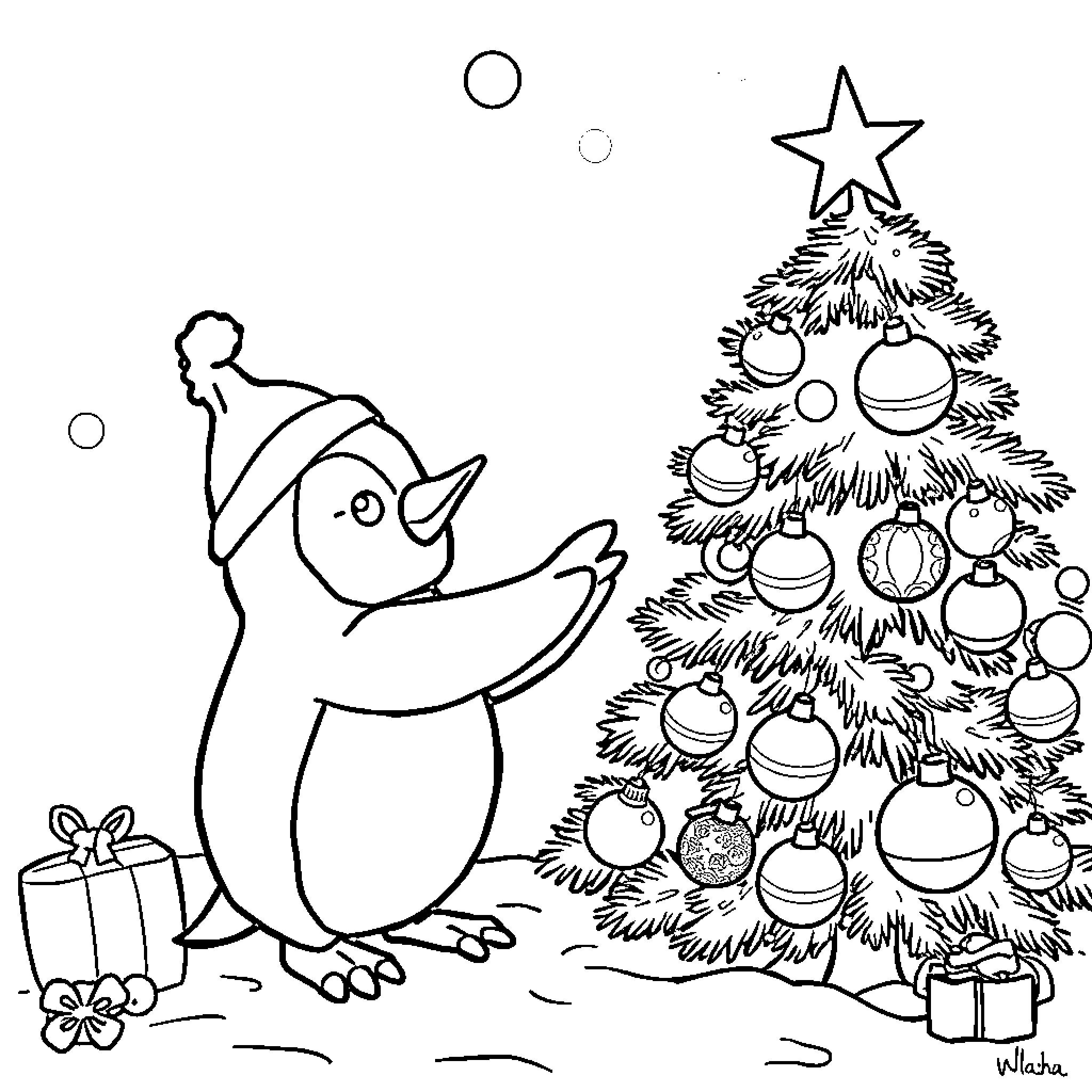 Penguin decorating a festive Christmas tree Coloring Page (free black-and-white line drawing printable PDF for all, from beginners to advanced learners, including children, teens, adults, and seniors)
