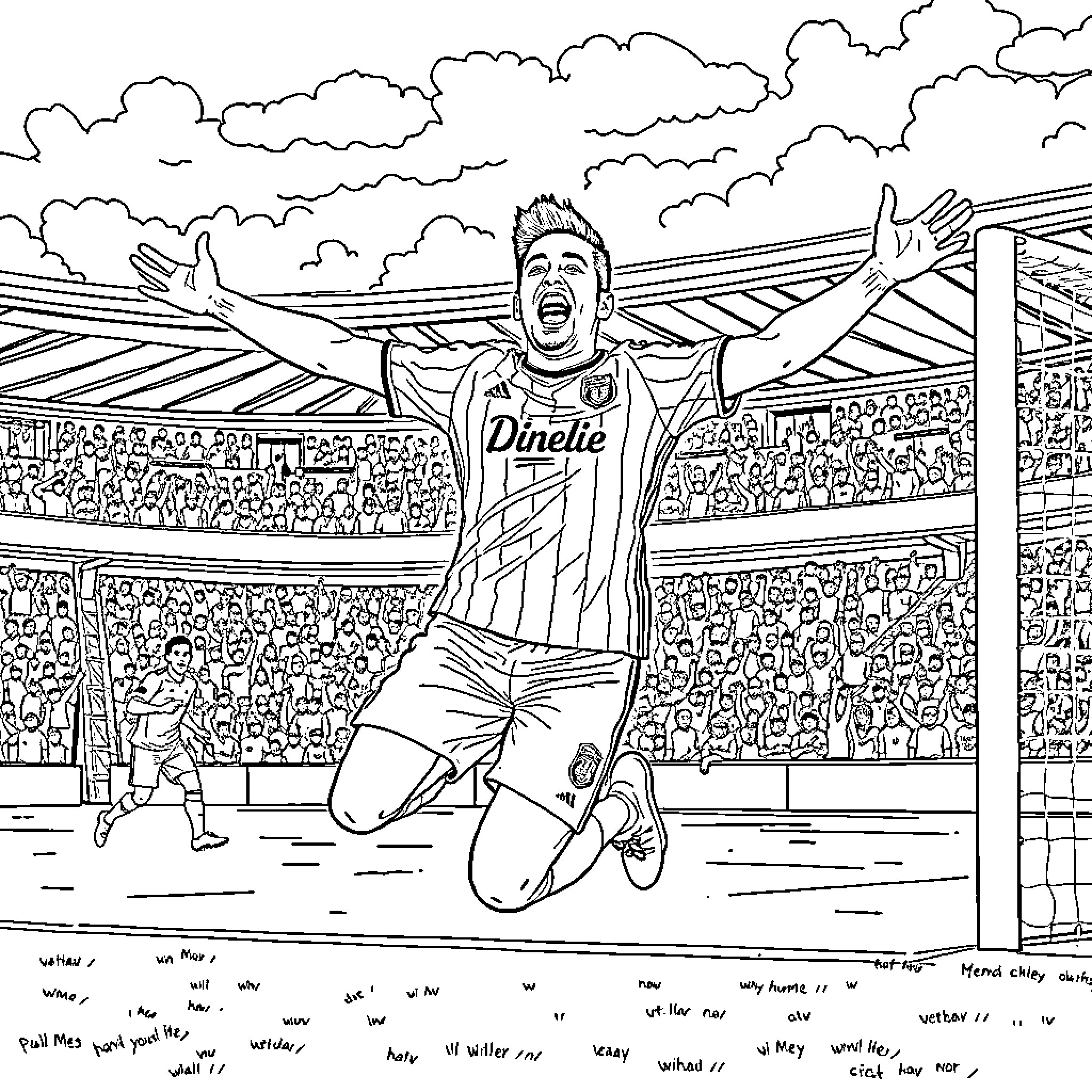 Paulo Dybala celebrates goal in stadium Coloring Page (free black-and-white line drawing printable PDF for all, from beginners to advanced learners, including children, teens, adults, and seniors)