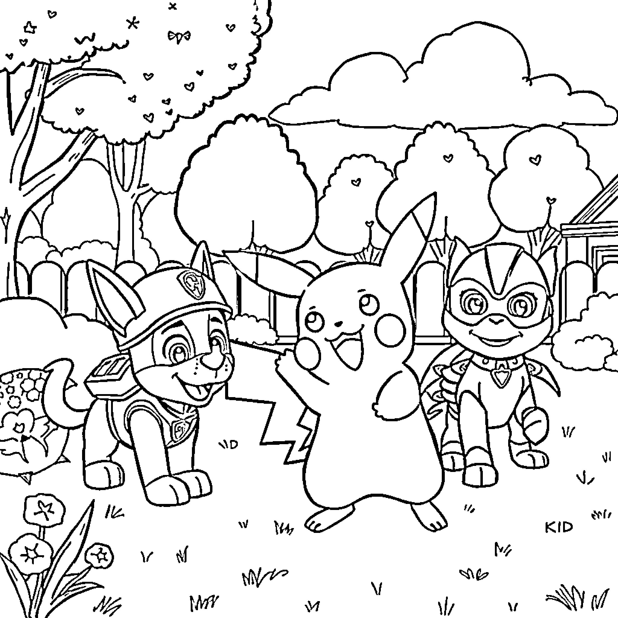 Pikachu and friends explore the enchanted forest Coloring Page (free black-and-white line drawing printable PDF for all, from beginners to advanced learners, including children, teens, adults, and seniors)
