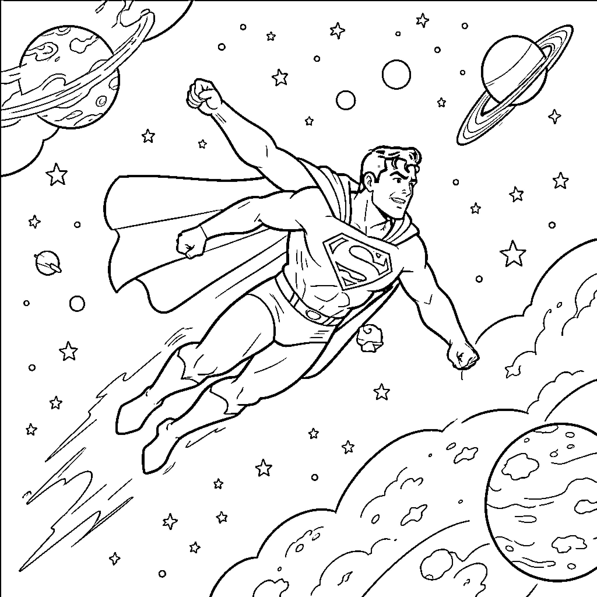 Superman flying heroically through outer space Coloring Page (free black-and-white line drawing printable PDF for all, from beginners to advanced learners, including children, teens, adults, and seniors)