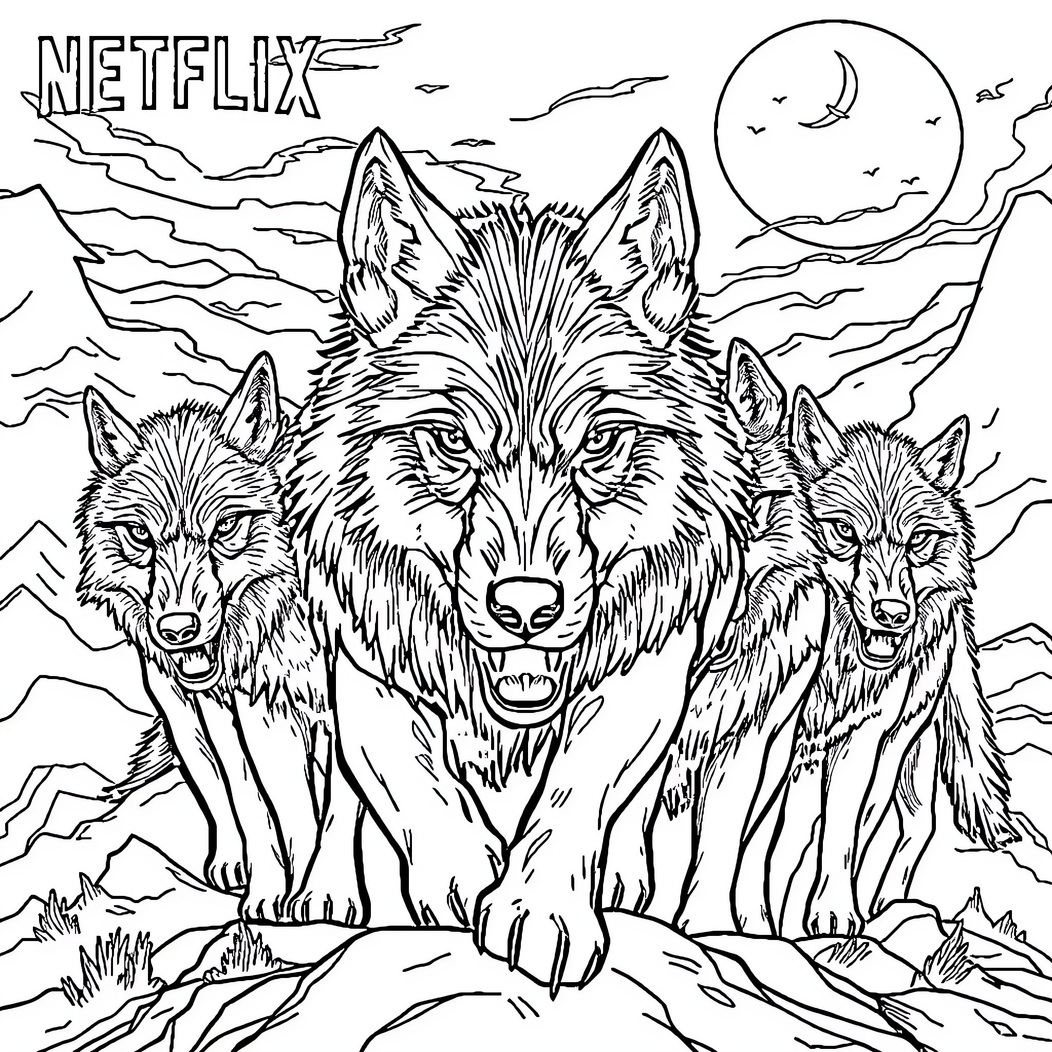 Wolf King and his Pack Howling at the Moon Coloring Page (free black-and-white line drawing printable PDF for all, from beginners to advanced learners, including children, teens, adults, and seniors)