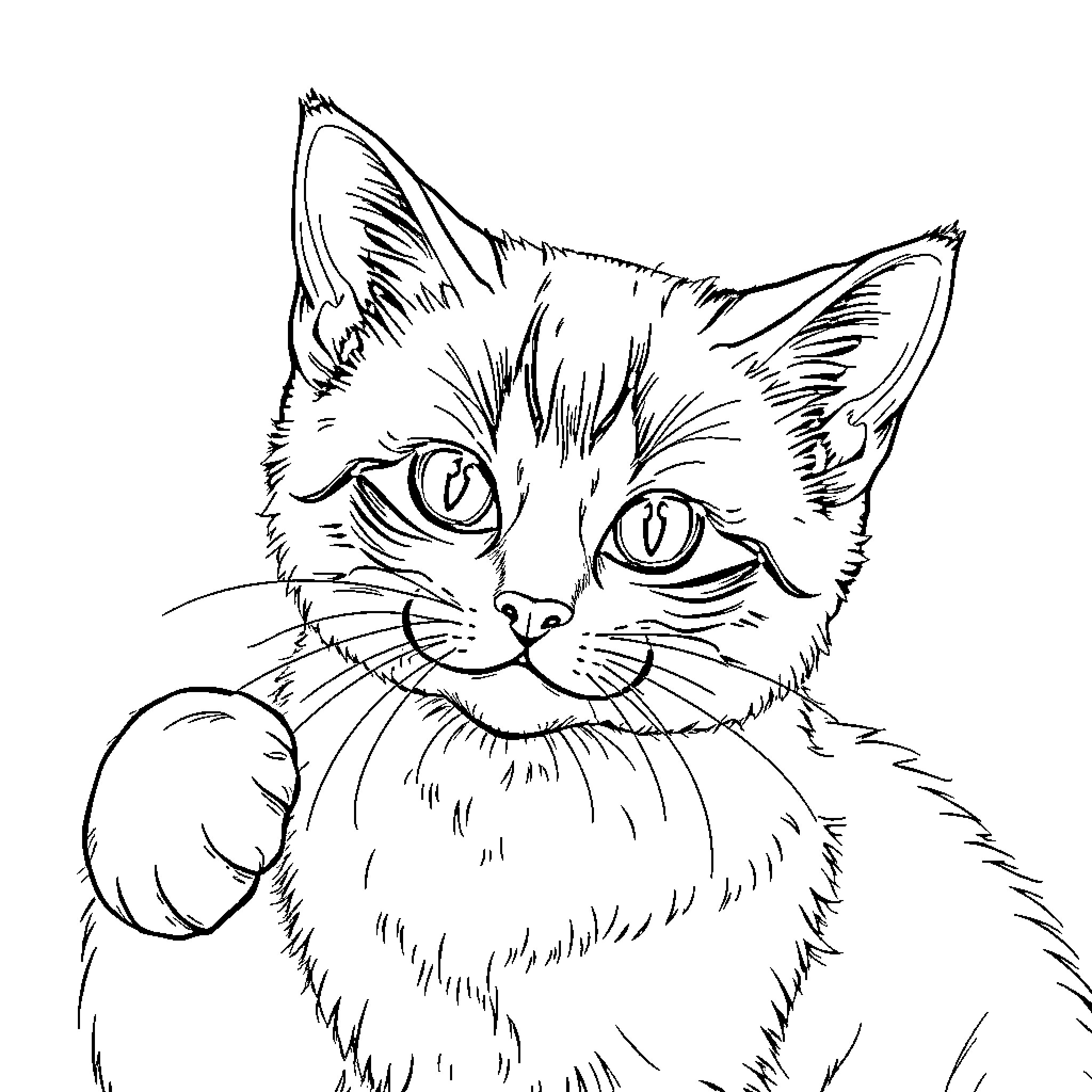 Cat portrait with detailed fur and focused eyes Coloring Page (free black-and-white line drawing printable PDF for all, from beginners to advanced learners, including children, teens, adults, and seniors)