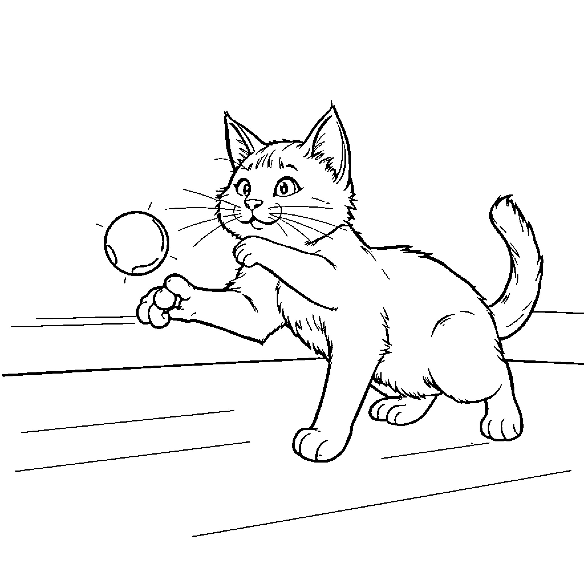 Cat playing with a ball Coloring Page (free black-and-white line drawing printable PDF for all, from beginners to advanced learners, including children, teens, adults, and seniors)