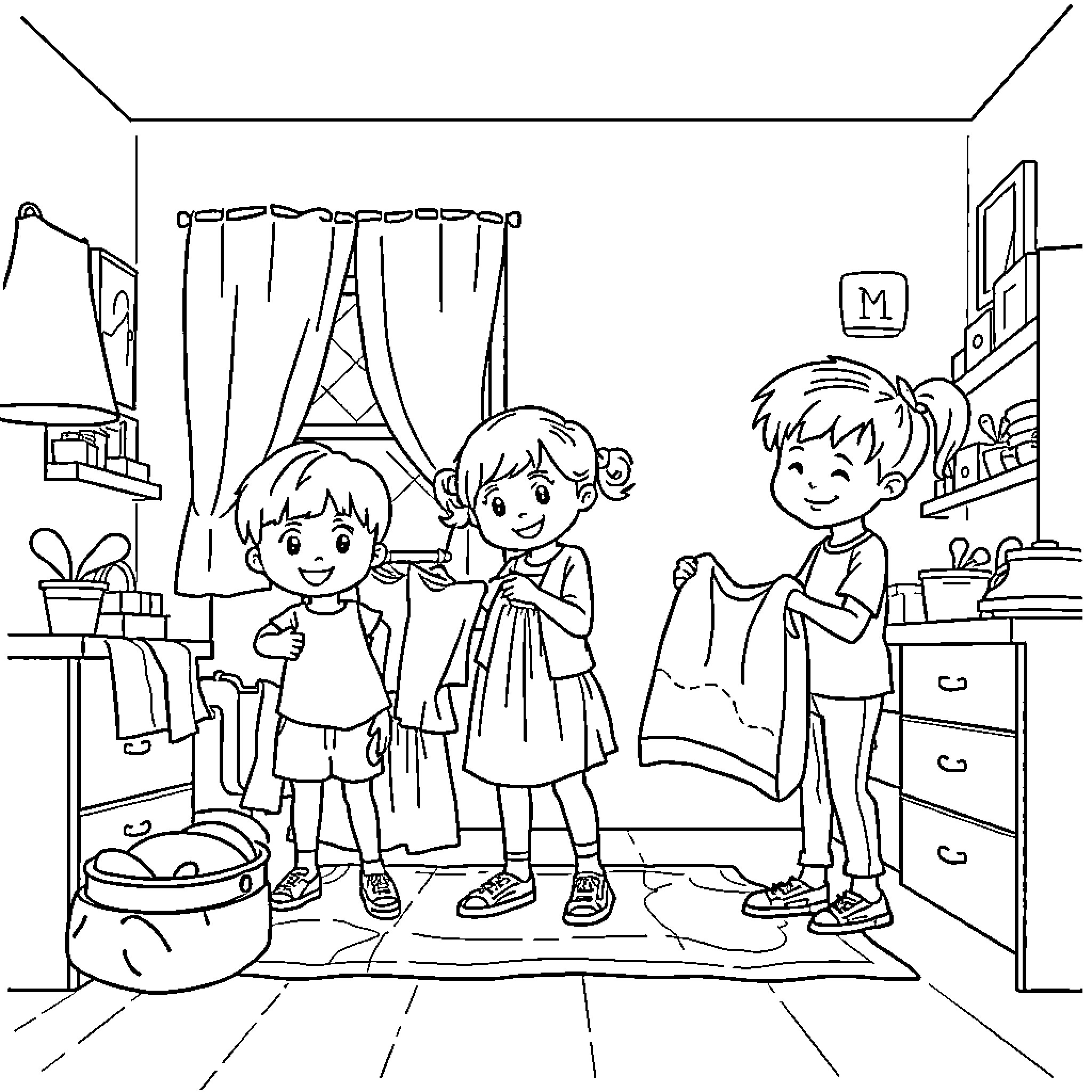 Kid friends exploring cozy indoor room together Coloring Page (free black-and-white line drawing printable PDF for all, from beginners to advanced learners, including children, teens, adults, and seniors)