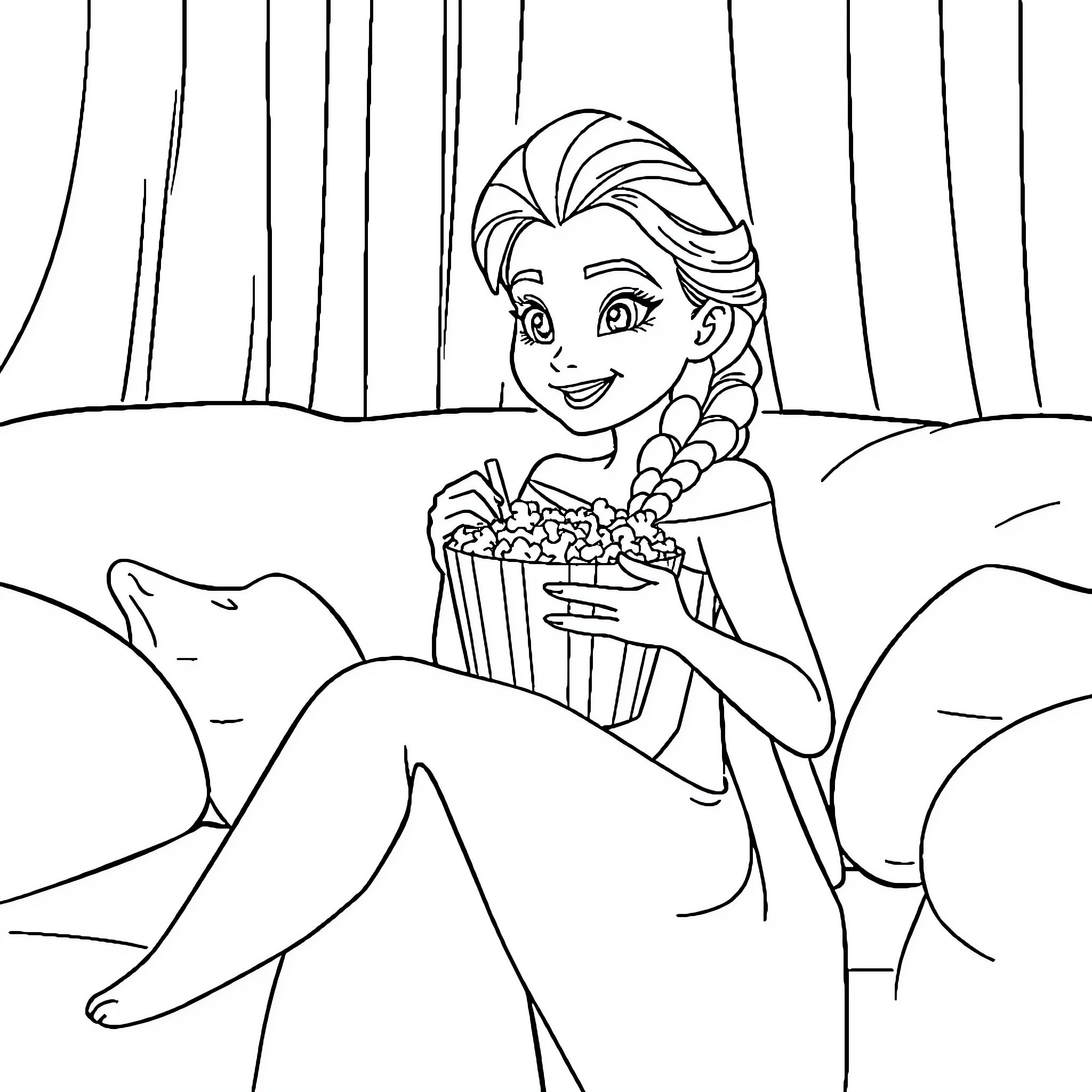 Elsa Enjoying a Snack in the Snow Coloring Page (free black-and-white line drawing printable PDF for all, from beginners to advanced learners, including children, teens, adults, and seniors)