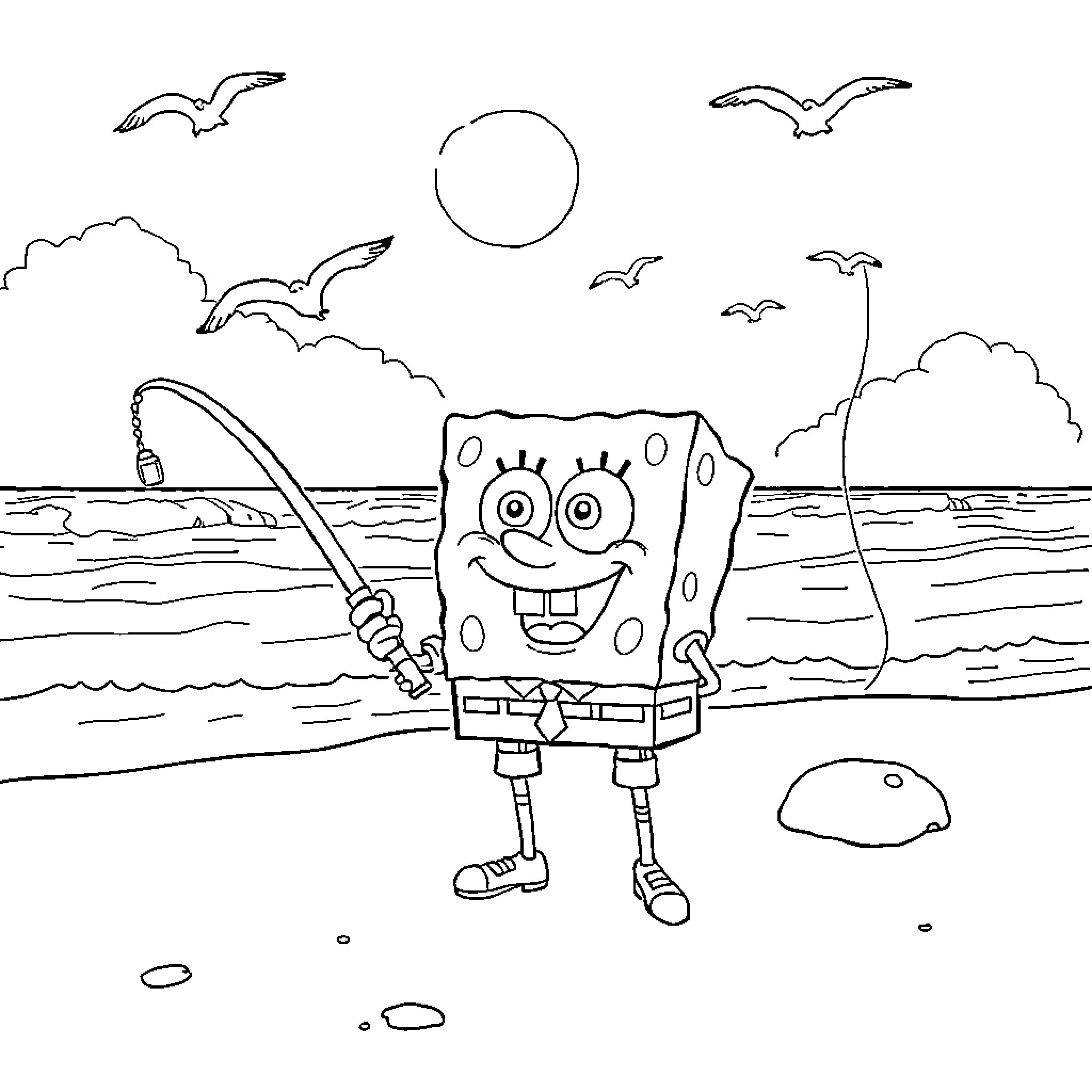 Spongebob fishing happily at the beach Coloring Page (free black-and-white line drawing printable PDF for all, from beginners to advanced learners, including children, teens, adults, and seniors)