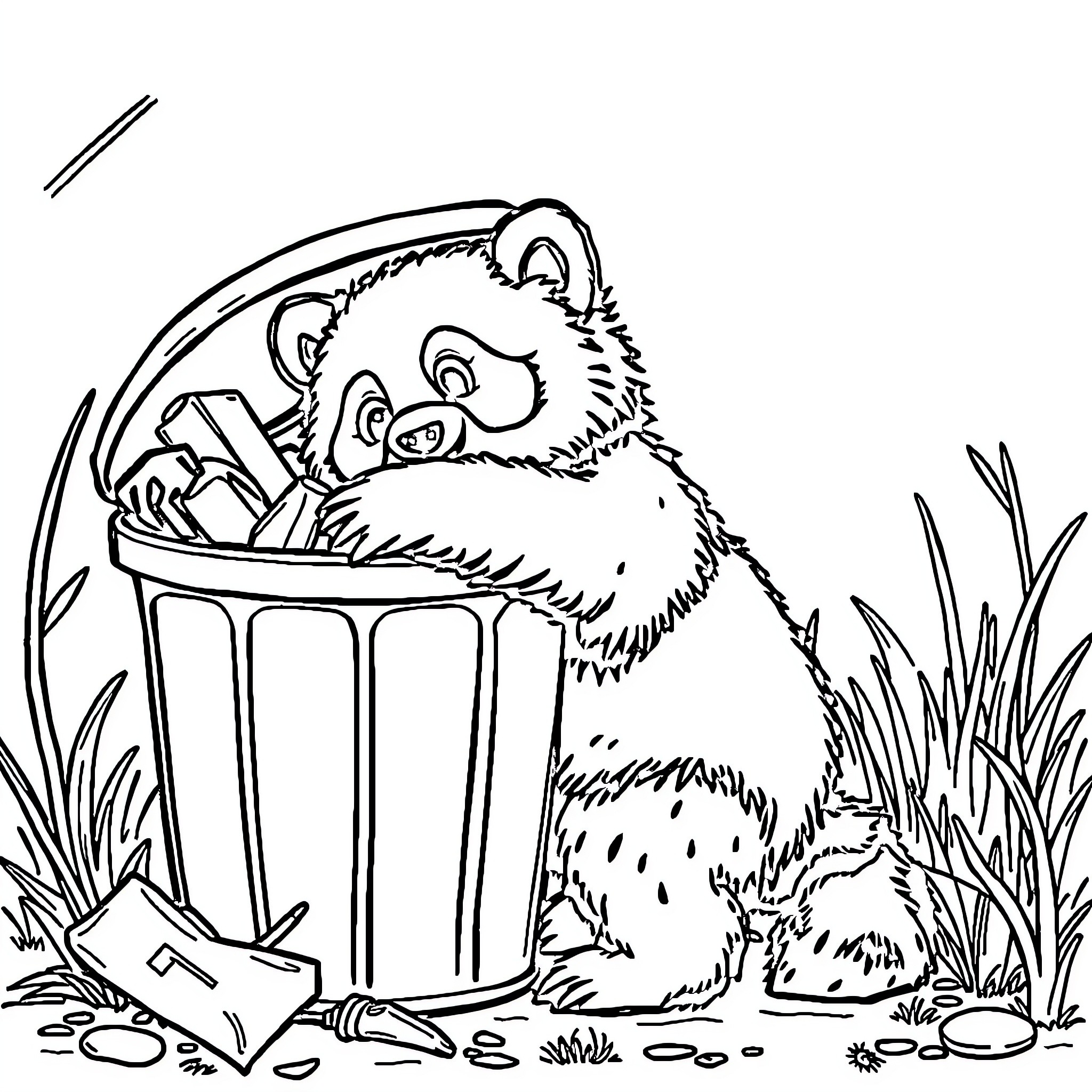 Raccoon rummaging through a trash can Coloring Page (free black-and-white line drawing printable PDF for all, from beginners to advanced learners, including children, teens, adults, and seniors)