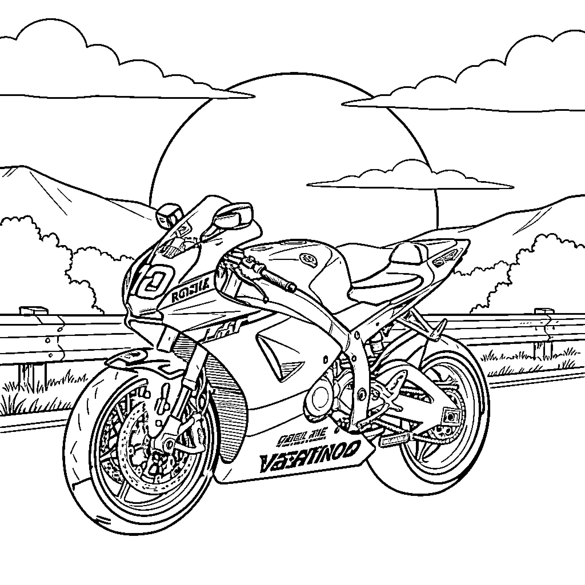 Moto parked on a roadside near mountains Coloring Page (free black-and-white line drawing printable PDF for all, from beginners to advanced learners, including children, teens, adults, and seniors)