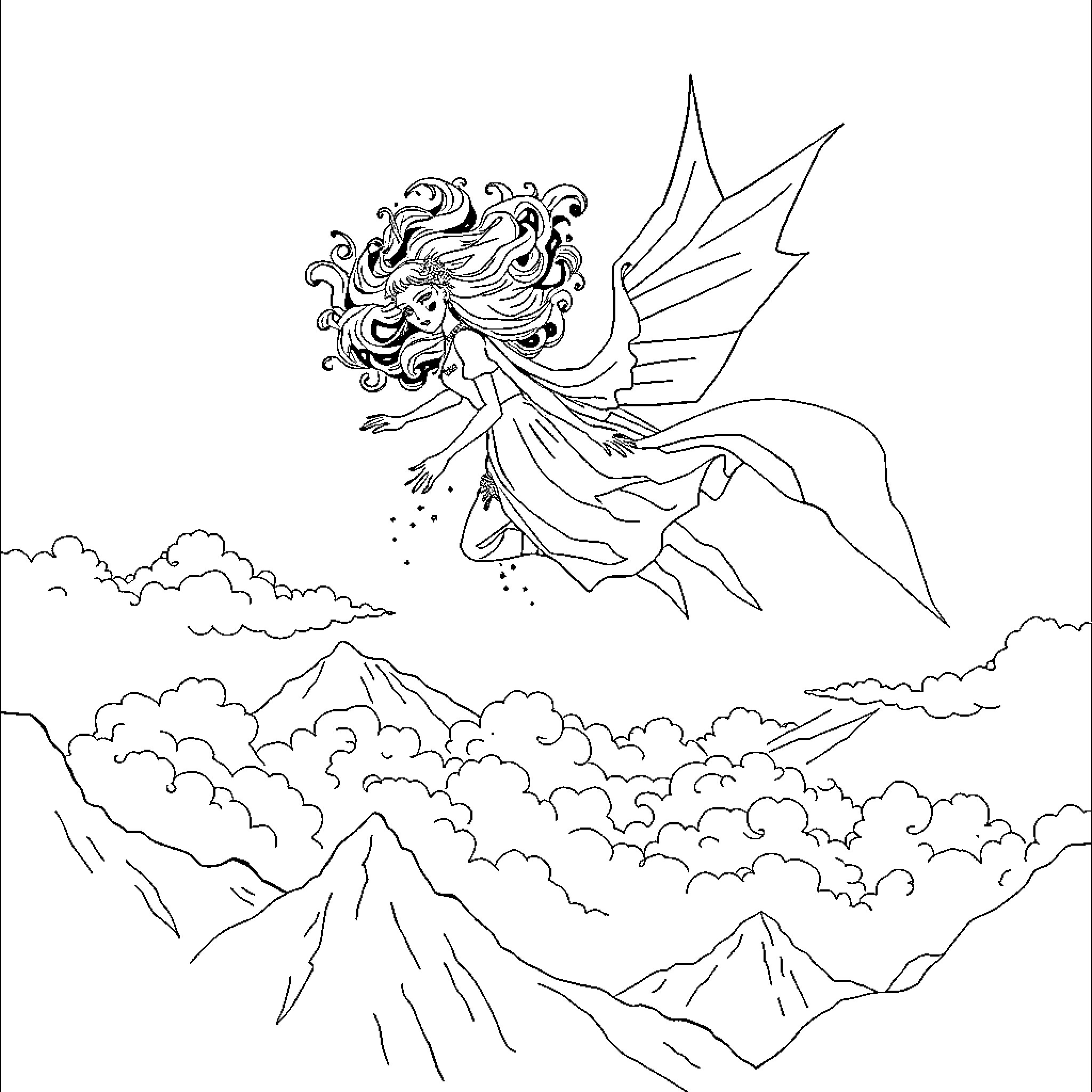 Banshee Soaring Through Majestic Clouds and Mountains Coloring Page (free black-and-white line drawing printable PDF for all, from beginners to advanced learners, including children, teens, adults, and seniors)