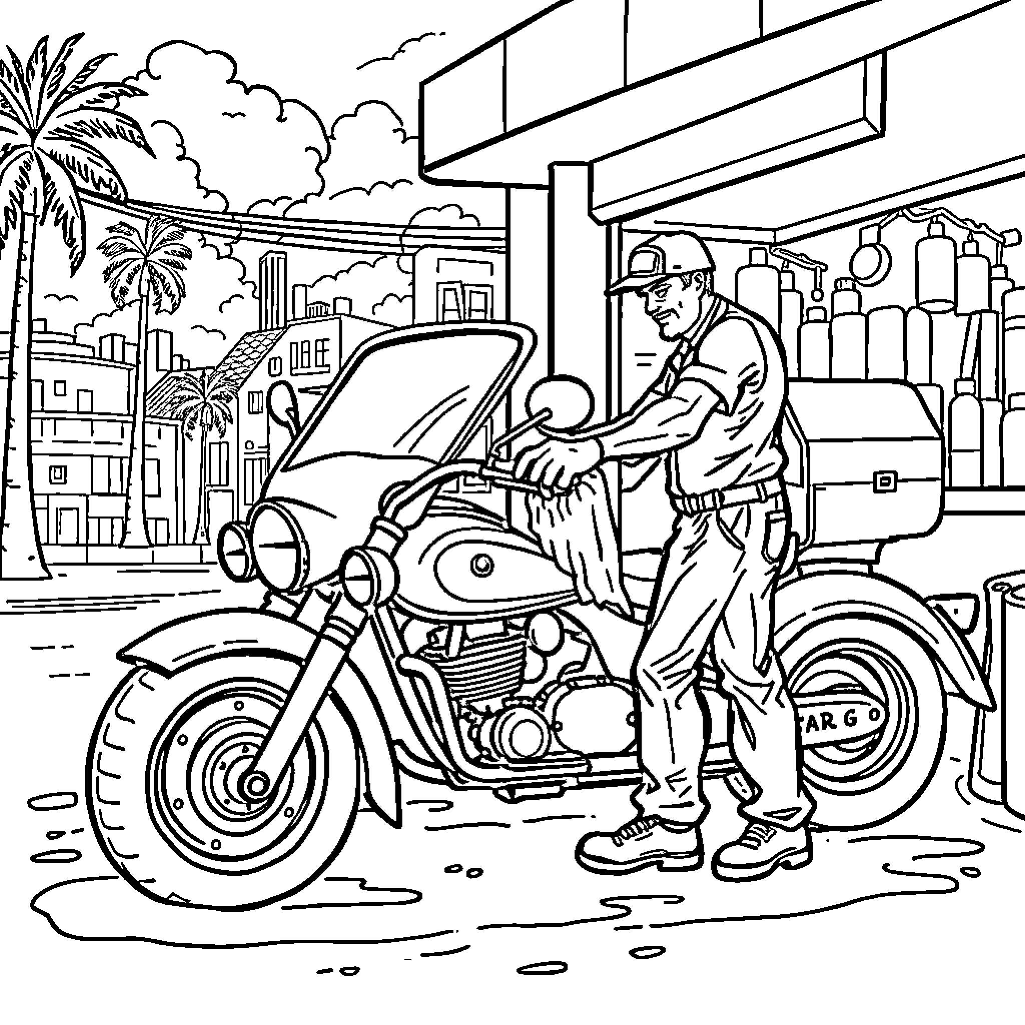 Batmobile Motorcycle in the City Coloring Page (free black-and-white line drawing printable PDF for all, from beginners to advanced learners, including children, teens, adults, and seniors)