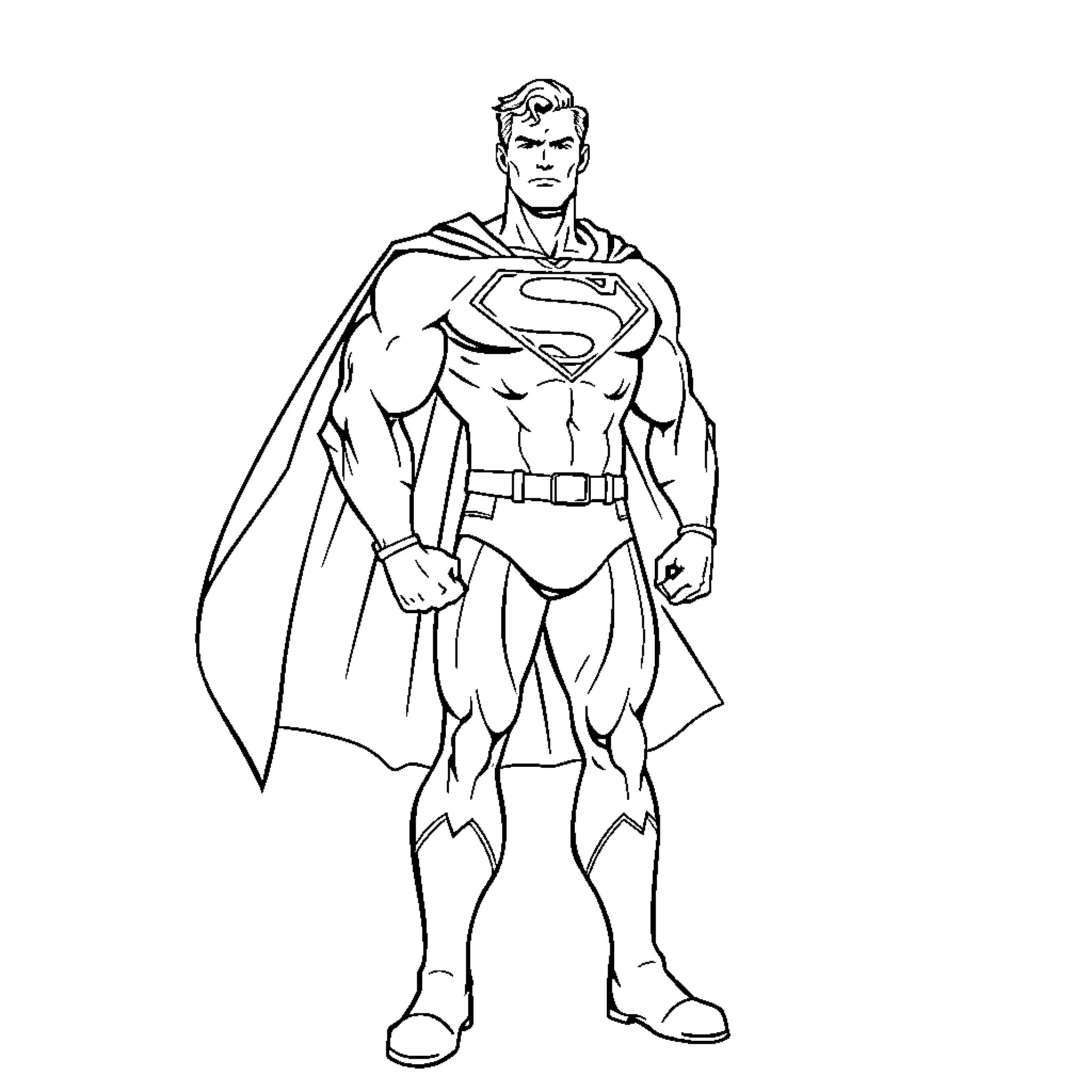 Superman posing in heroic stance Coloring Page (free black-and-white line drawing printable PDF for all, from beginners to advanced learners, including children, teens, adults, and seniors)