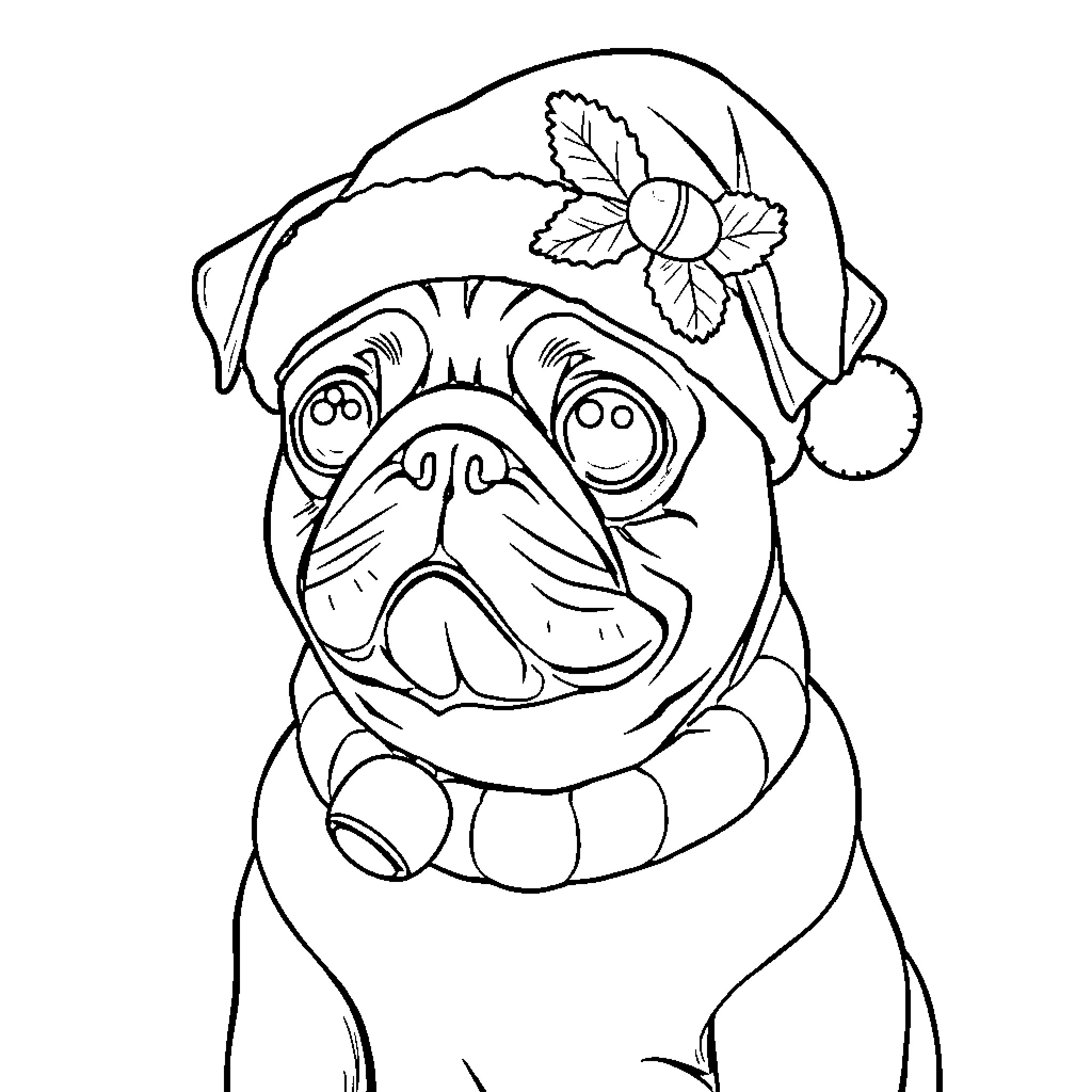Pug wearing a festive hat with a flower Coloring Page (free black-and-white line drawing printable PDF for all, from beginners to advanced learners, including children, teens, adults, and seniors)