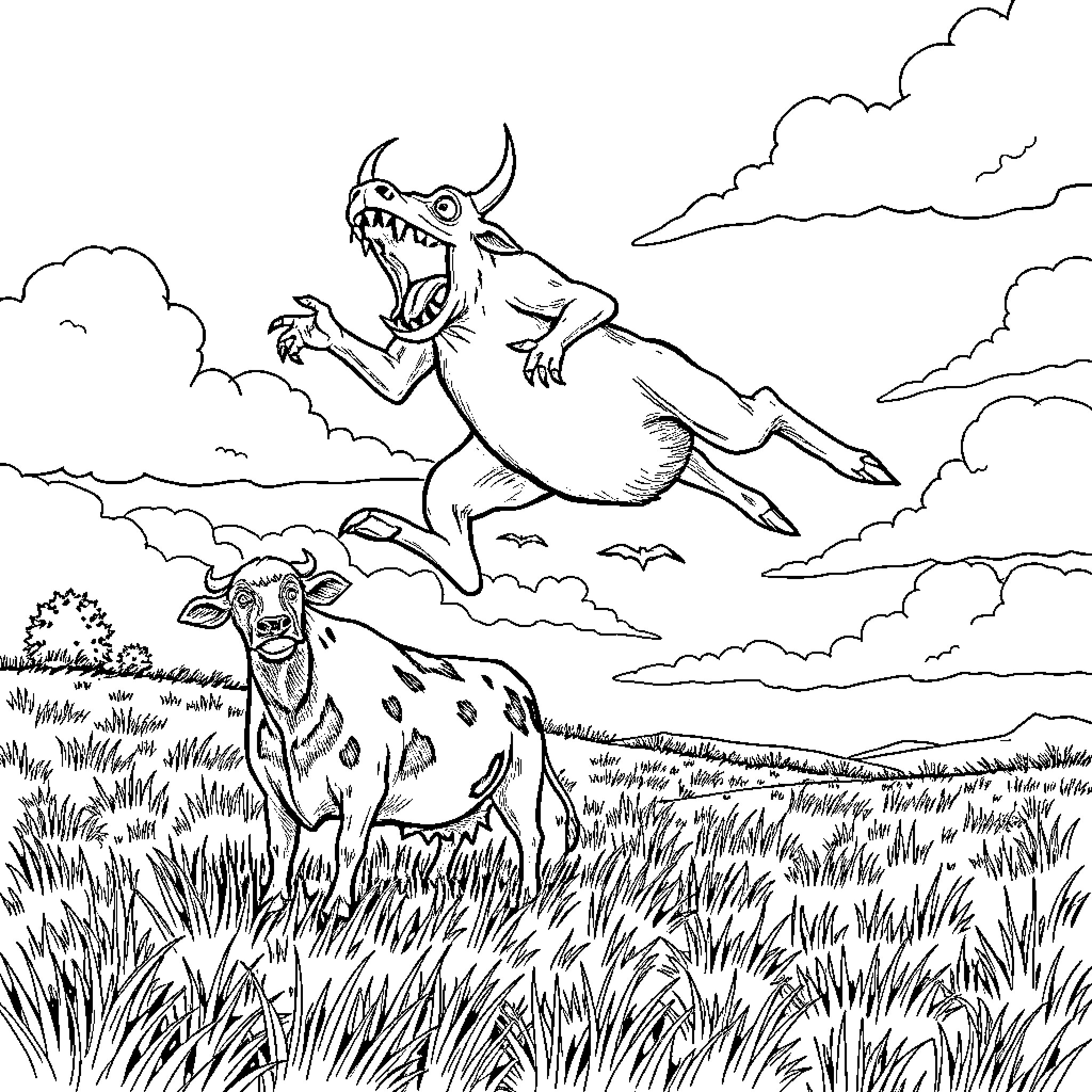Chupacabra chasing a spotted creature in a field Coloring Page (free black-and-white line drawing printable PDF for all, from beginners to advanced learners, including children, teens, adults, and seniors)