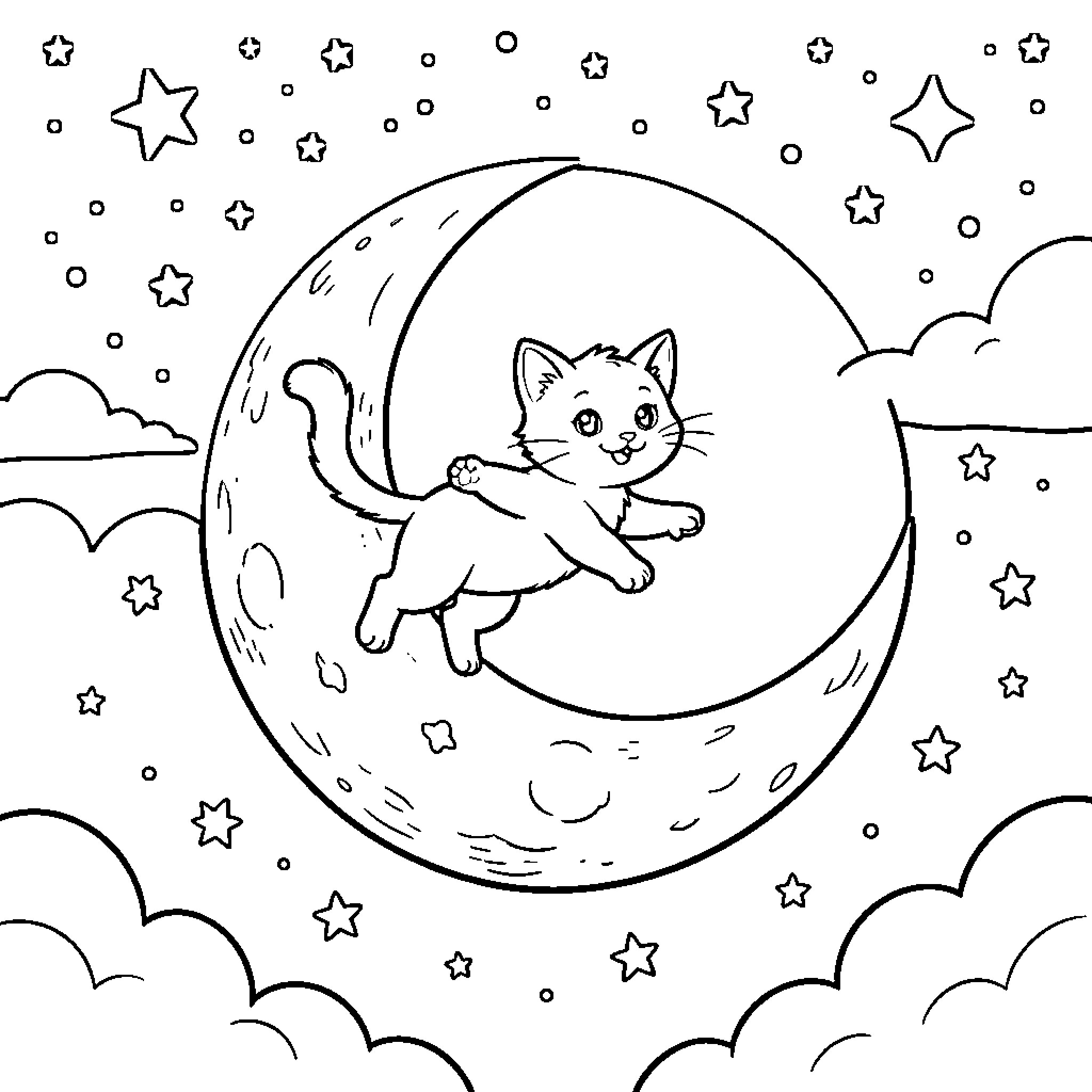 Gato playing among the stars in the night sky Coloring Page (free black-and-white line drawing printable PDF for all, from beginners to advanced learners, including children, teens, adults, and seniors)
