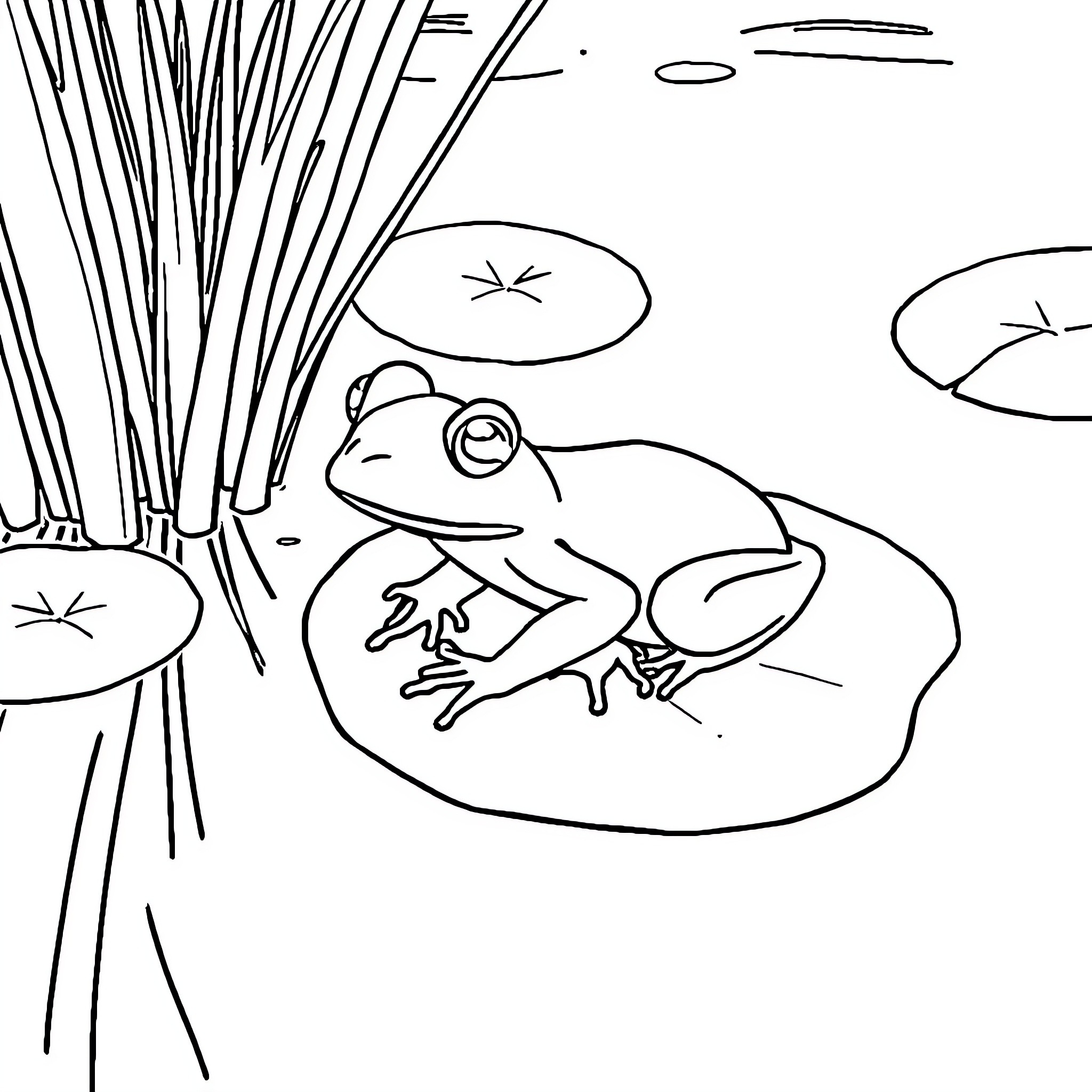 Frog relaxing on lily pad in the pond Coloring Page (free black-and-white line drawing printable PDF for all, from beginners to advanced learners, including children, teens, adults, and seniors)