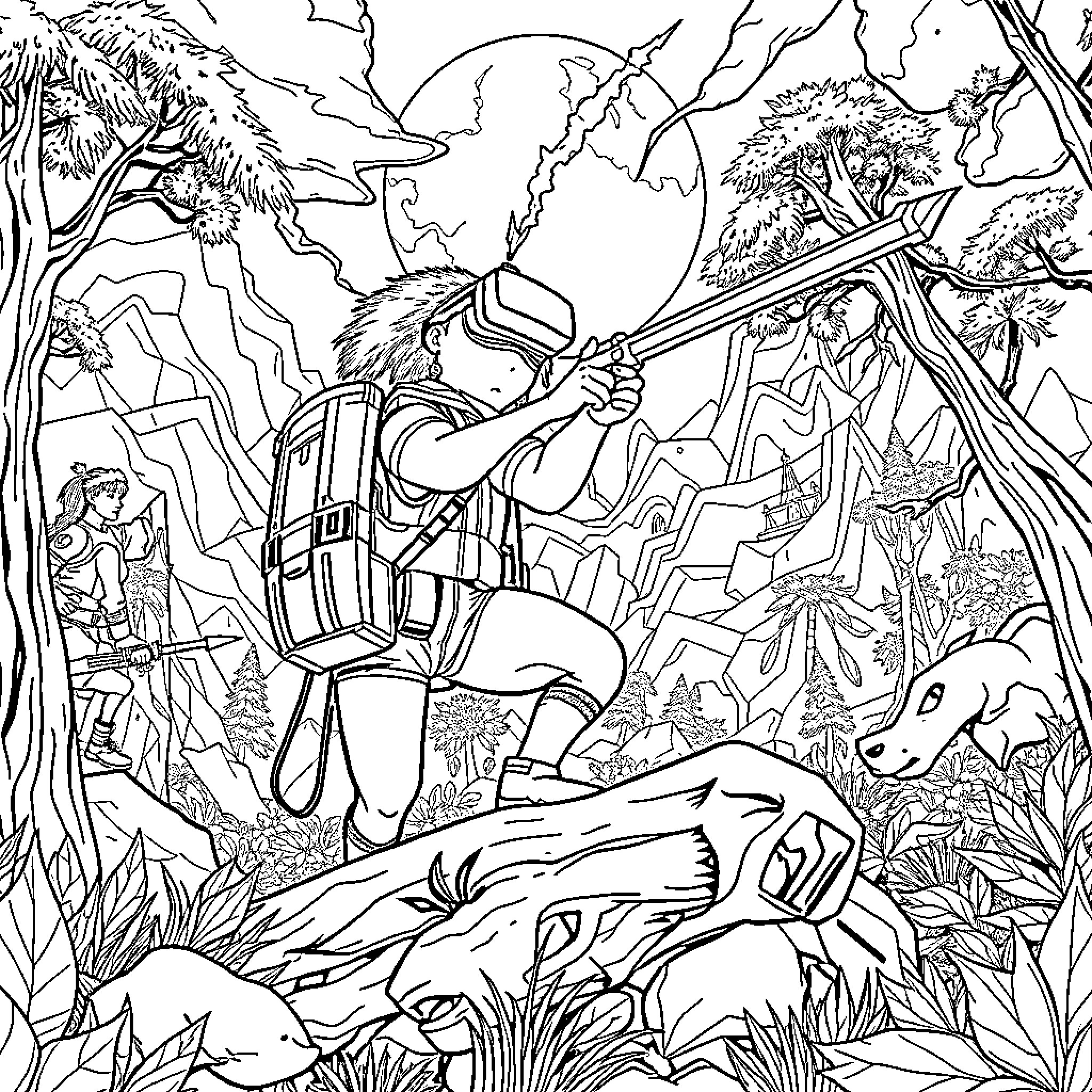 Huntrix Adventurer Exploring Lush Wilderness Coloring Page (free black-and-white line drawing printable PDF for all, from beginners to advanced learners, including children, teens, adults, and seniors)