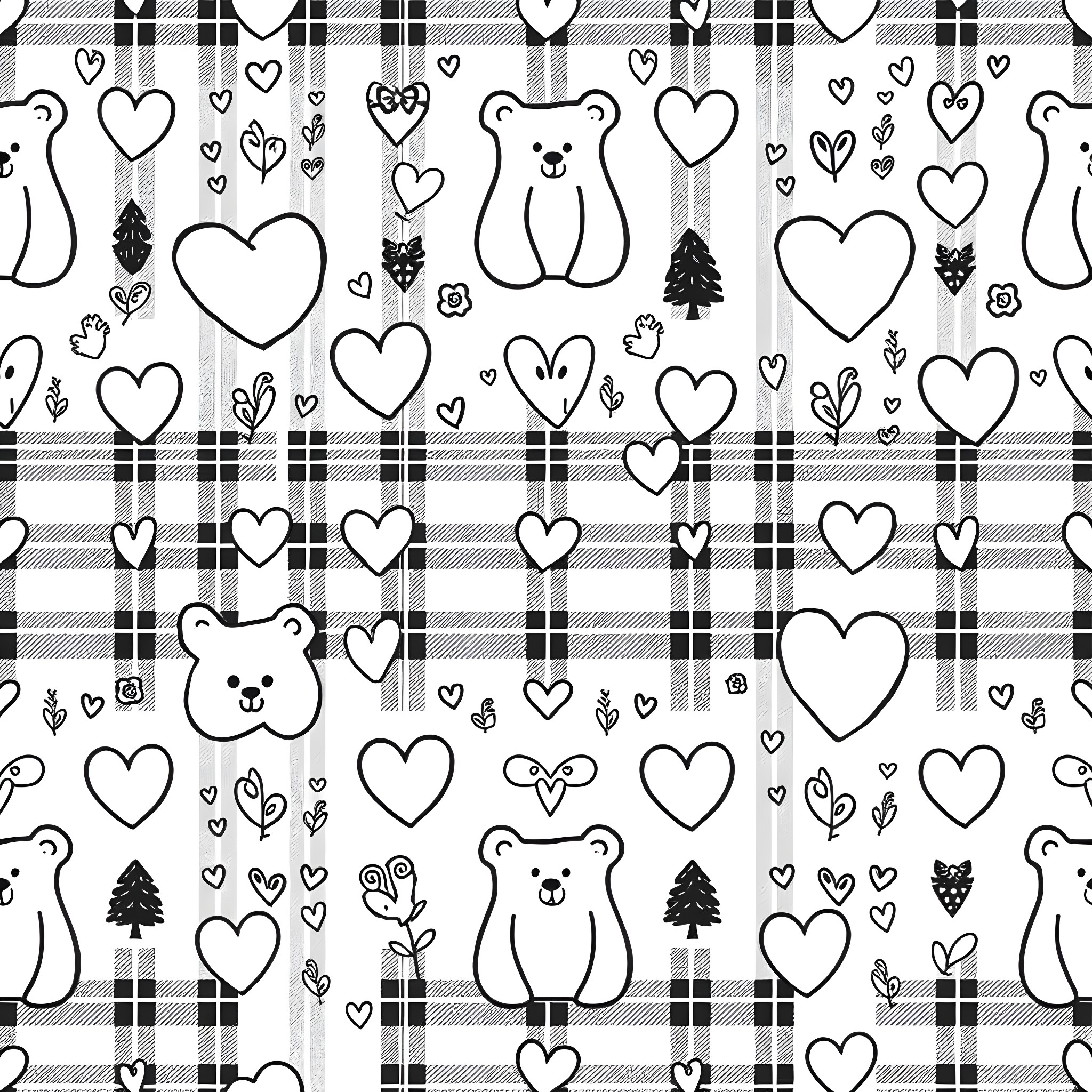 Bear-themed hearts and nature symbols in plaid pattern Coloring Page (free black-and-white line drawing printable PDF for all, from beginners to advanced learners, including children, teens, adults, and seniors)