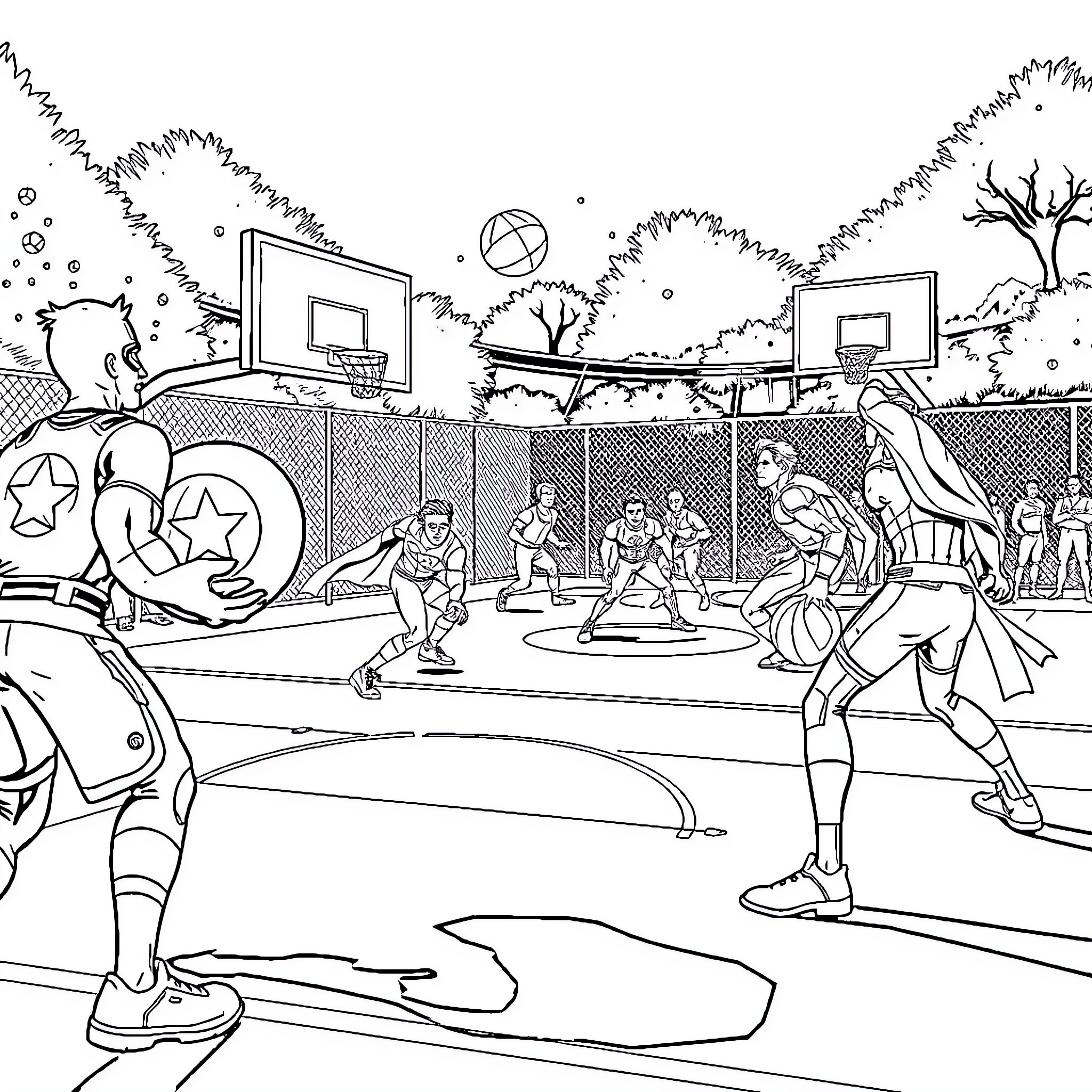 Avengers competing in outdoor basketball tournament Coloring Page (free black-and-white line drawing printable PDF for all, from beginners to advanced learners, including children, teens, adults, and seniors)