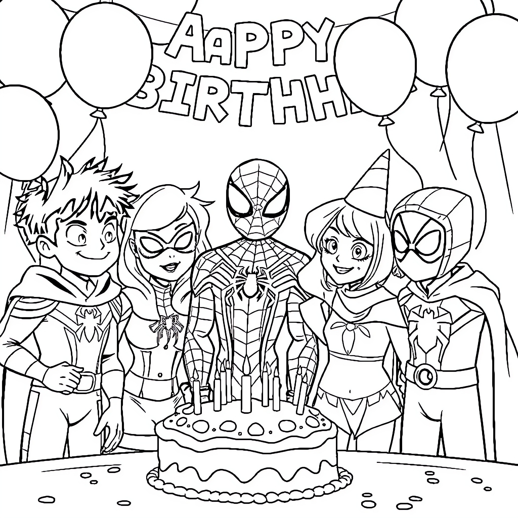 Spider-themed birthday party with superheroes Coloring Page (free black-and-white line drawing printable PDF for all, from beginners to advanced learners, including children, teens, adults, and seniors)