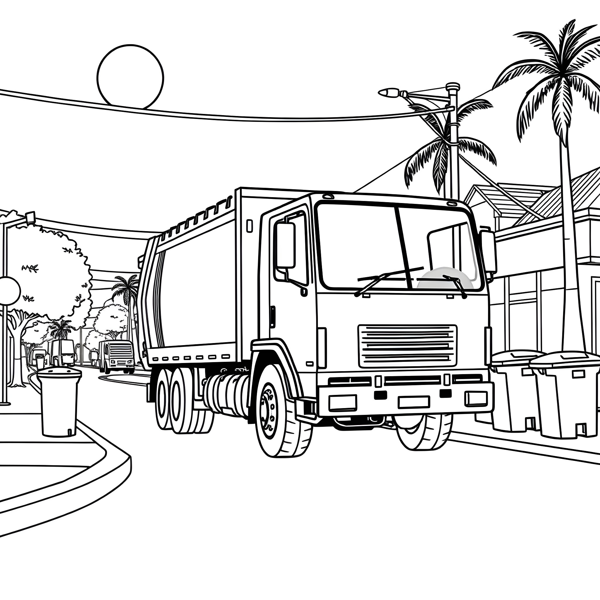 Garbage Truck Collecting Waste in Tropical Neighborhood Coloring Page (free black-and-white line drawing printable PDF for all, from beginners to advanced learners, including children, teens, adults, and seniors)