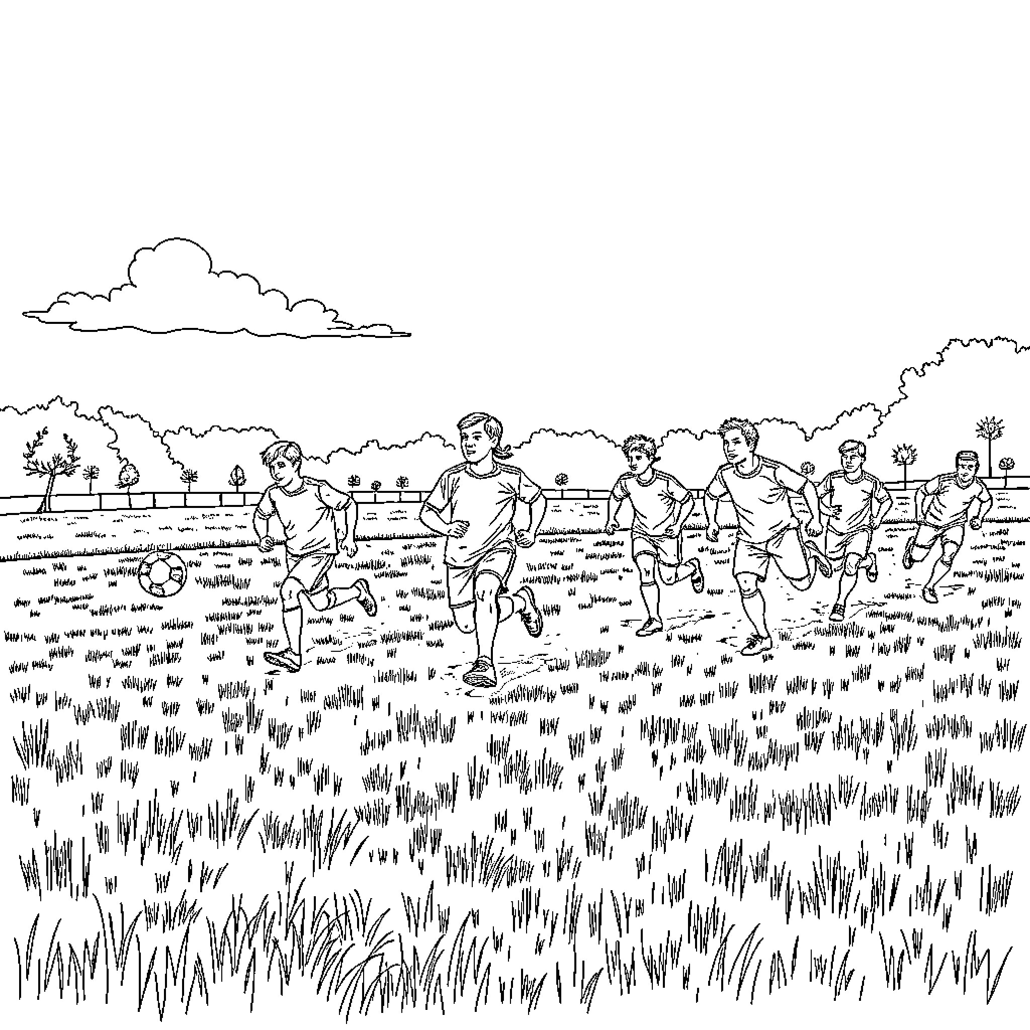 Soccer Players Running on the Field Coloring Page (free black-and-white line drawing printable PDF for all, from beginners to advanced learners, including children, teens, adults, and seniors)