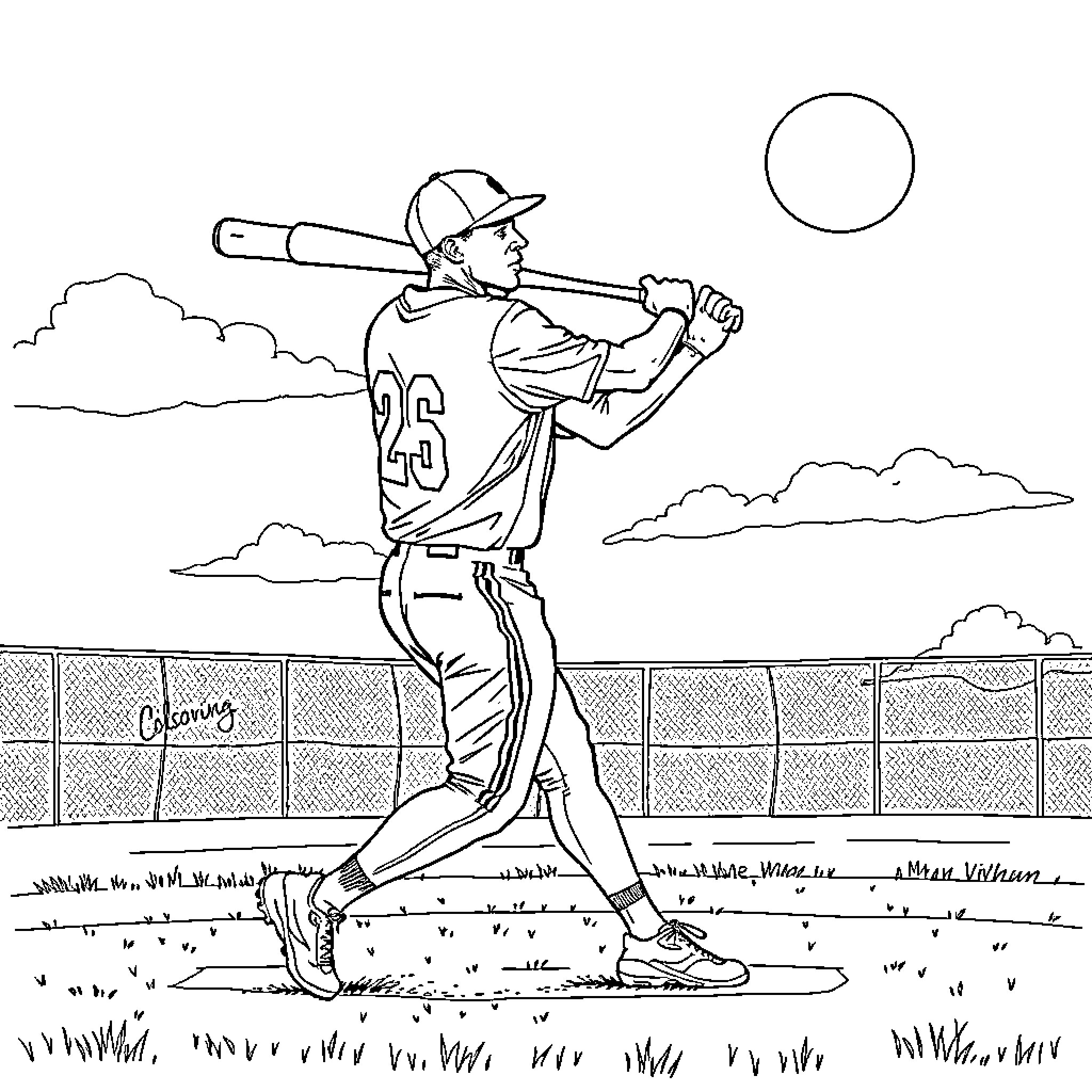 Kobe Bryant batting at baseball game Coloring Page (free black-and-white line drawing printable PDF for all, from beginners to advanced learners, including children, teens, adults, and seniors)