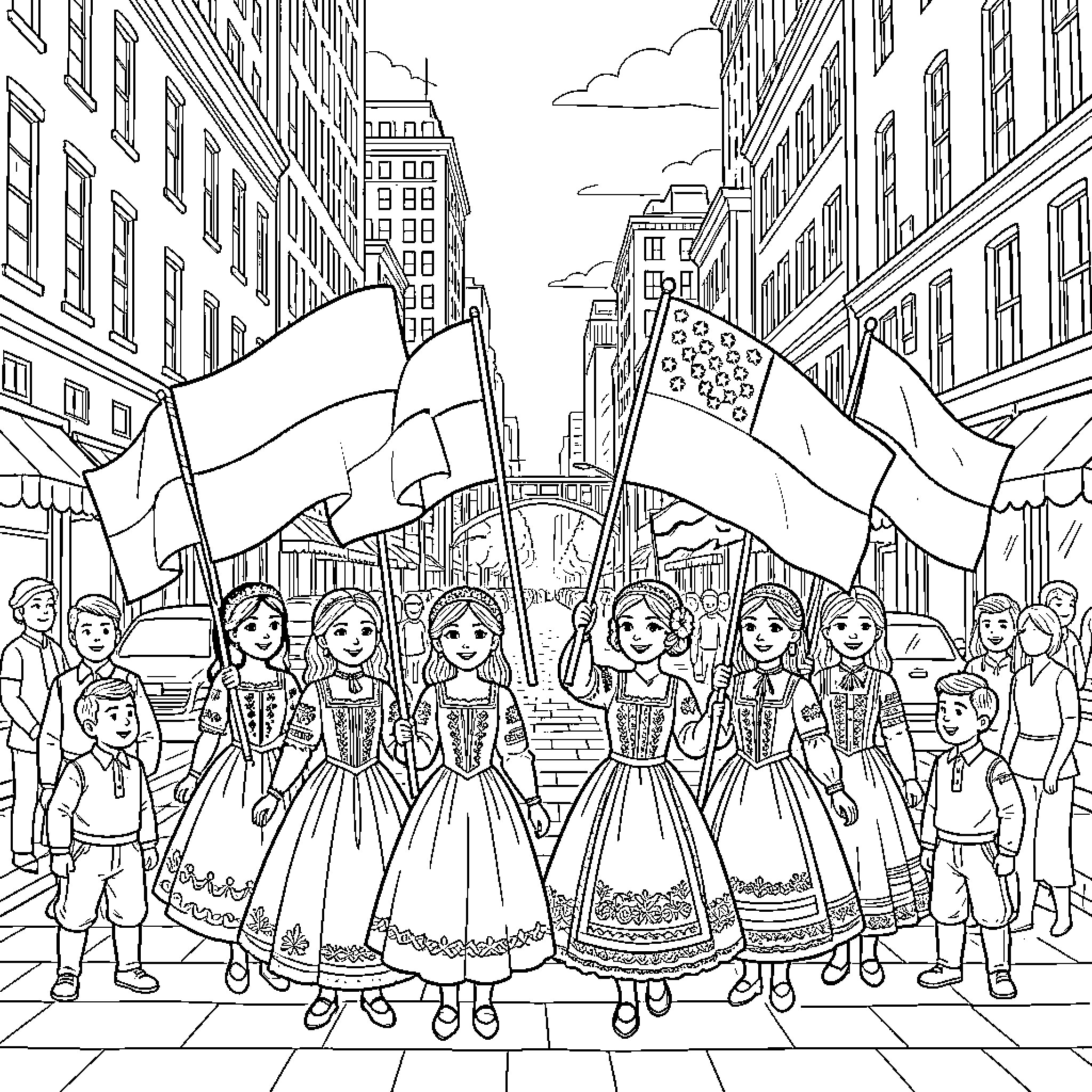 Children in traditional ethnic costumes in a city parade Coloring Page (free black-and-white line drawing printable PDF for all, from beginners to advanced learners, including children, teens, adults, and seniors)