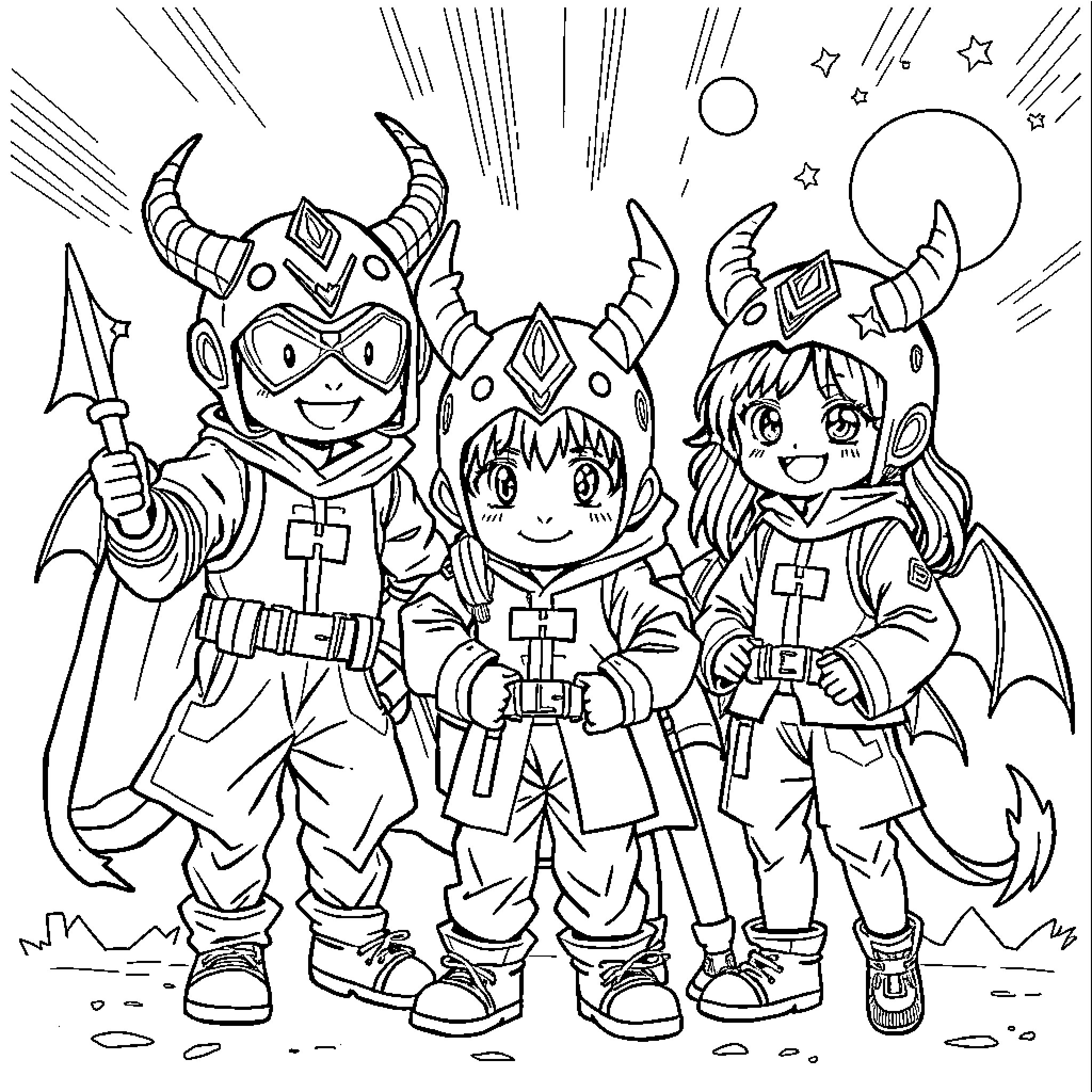 Demon Hunters in Action-Packed Attire Coloring Page (free black-and-white line drawing printable PDF for all, from beginners to advanced learners, including children, teens, adults, and seniors)