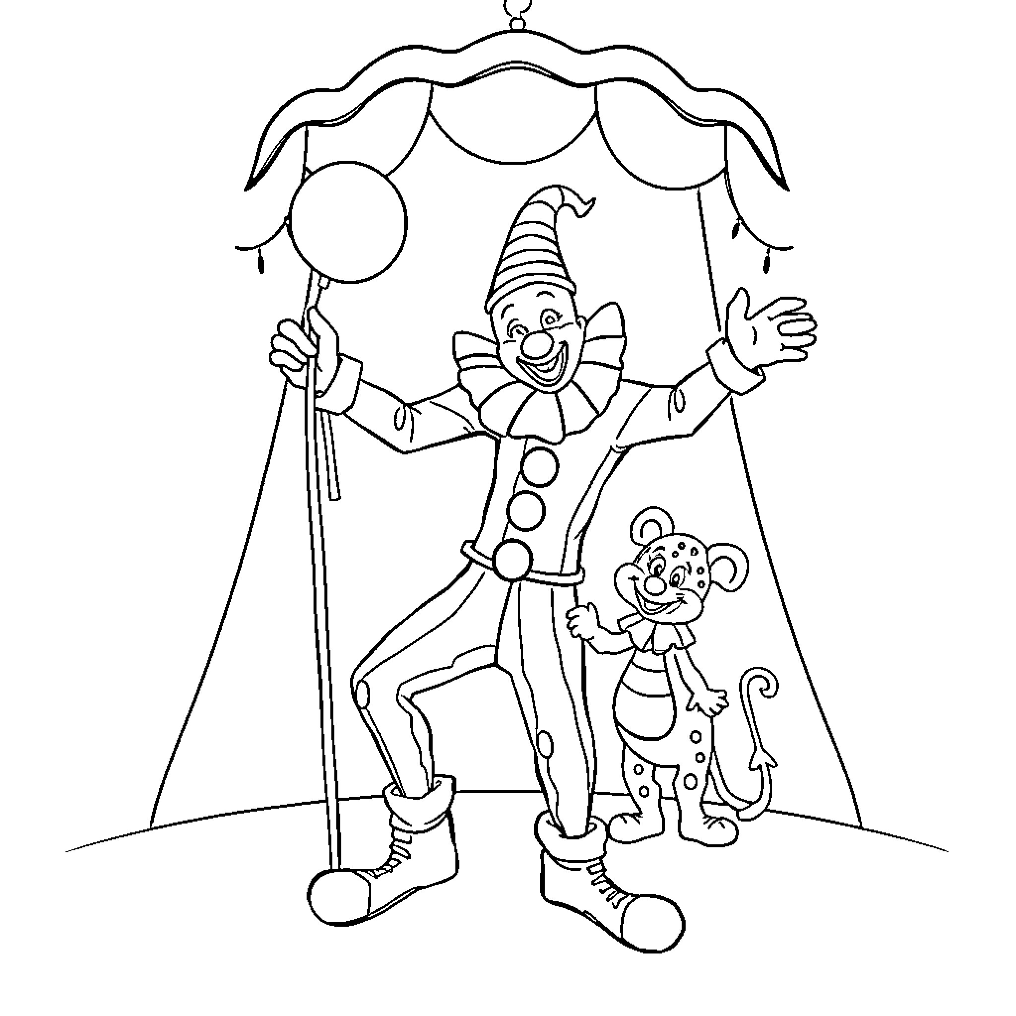 Circus clowns performing with playful expressions Coloring Page (free black-and-white line drawing printable PDF for all, from beginners to advanced learners, including children, teens, adults, and seniors)