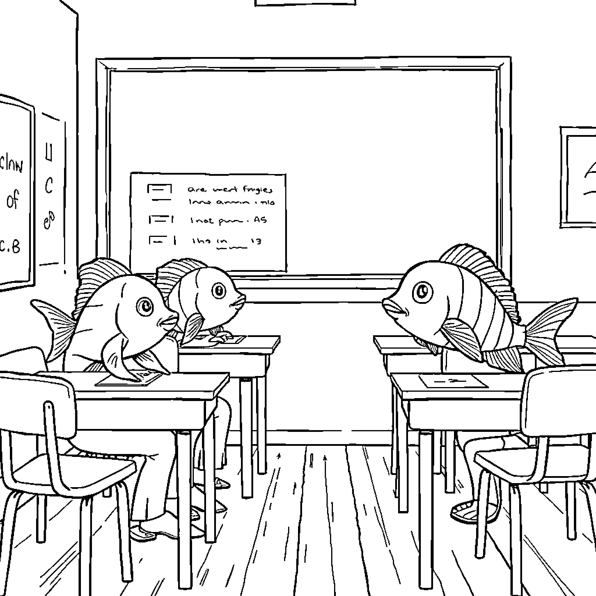 Poisson learning in the classroom Coloring Page (free black-and-white line drawing printable PDF for all, from beginners to advanced learners, including children, teens, adults, and seniors)