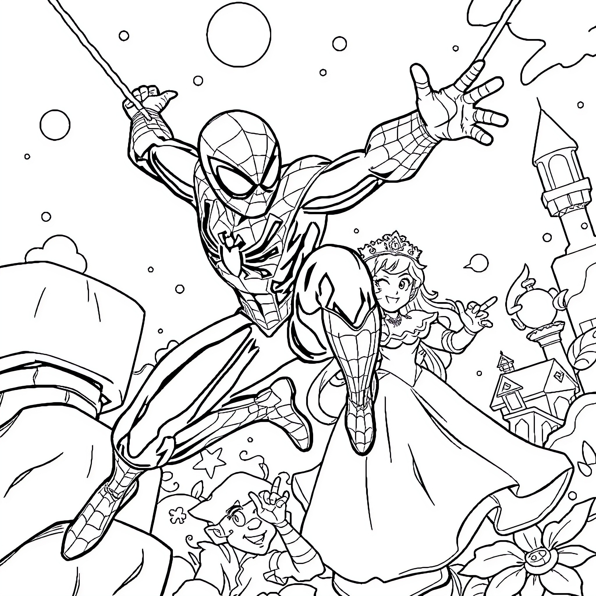 Spiderman in action-packed scene with cityscape elements Coloring Page (free black-and-white line drawing printable PDF for all, from beginners to advanced learners, including children, teens, adults, and seniors)