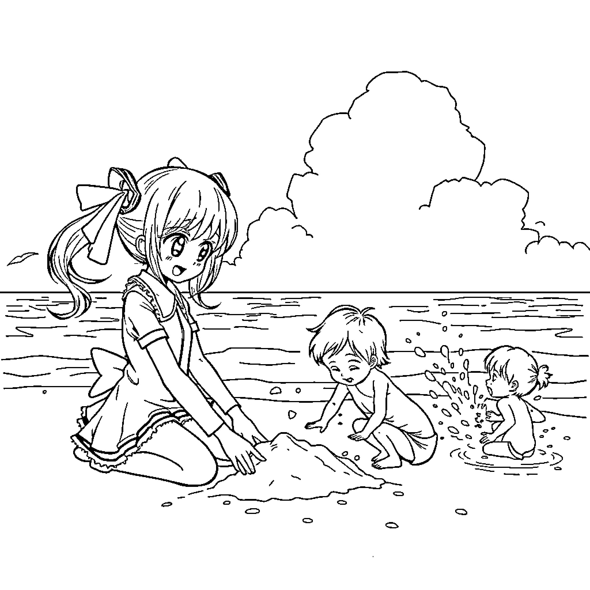 Miku playing in the sand at the beach Coloring Page (free black-and-white line drawing printable PDF for all, from beginners to advanced learners, including children, teens, adults, and seniors)