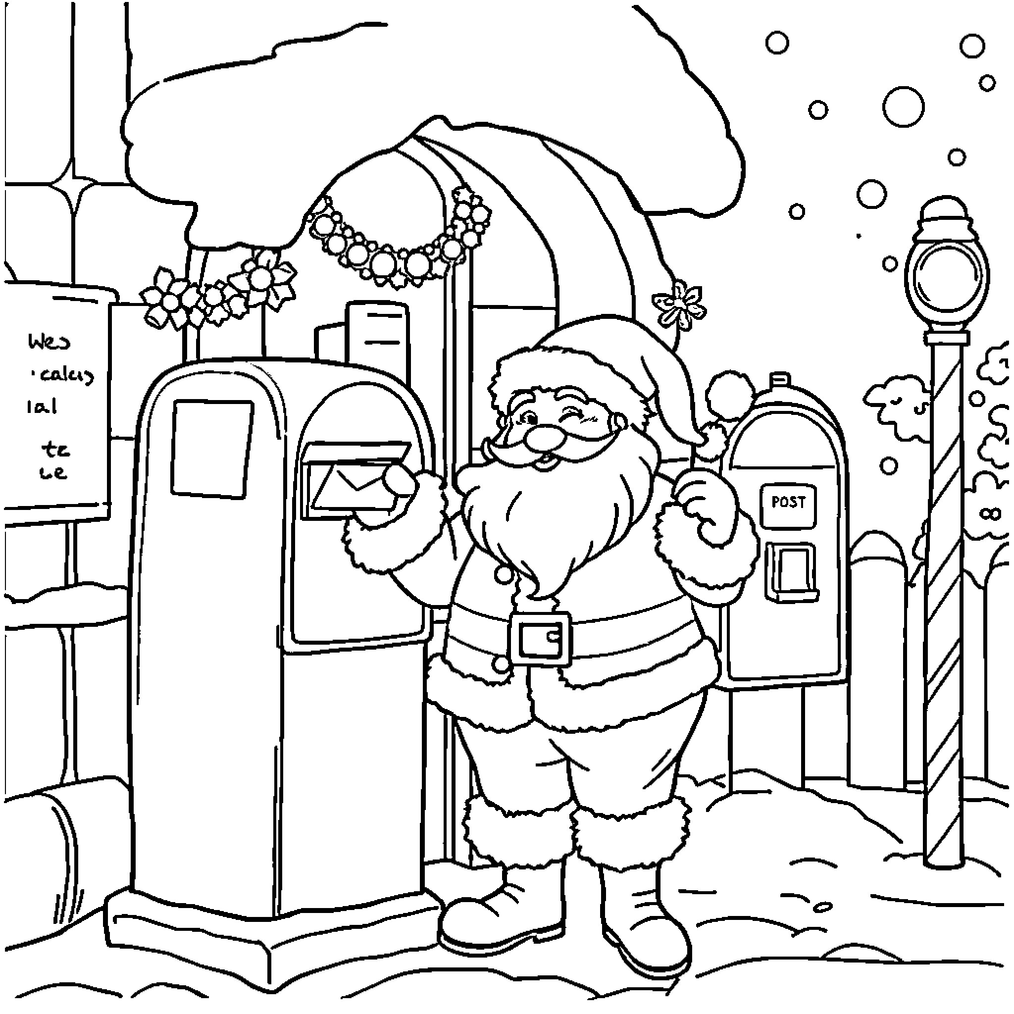 Santa checking his mail on a snowy night Coloring Page (free black-and-white line drawing printable PDF for all, from beginners to advanced learners, including children, teens, adults, and seniors)