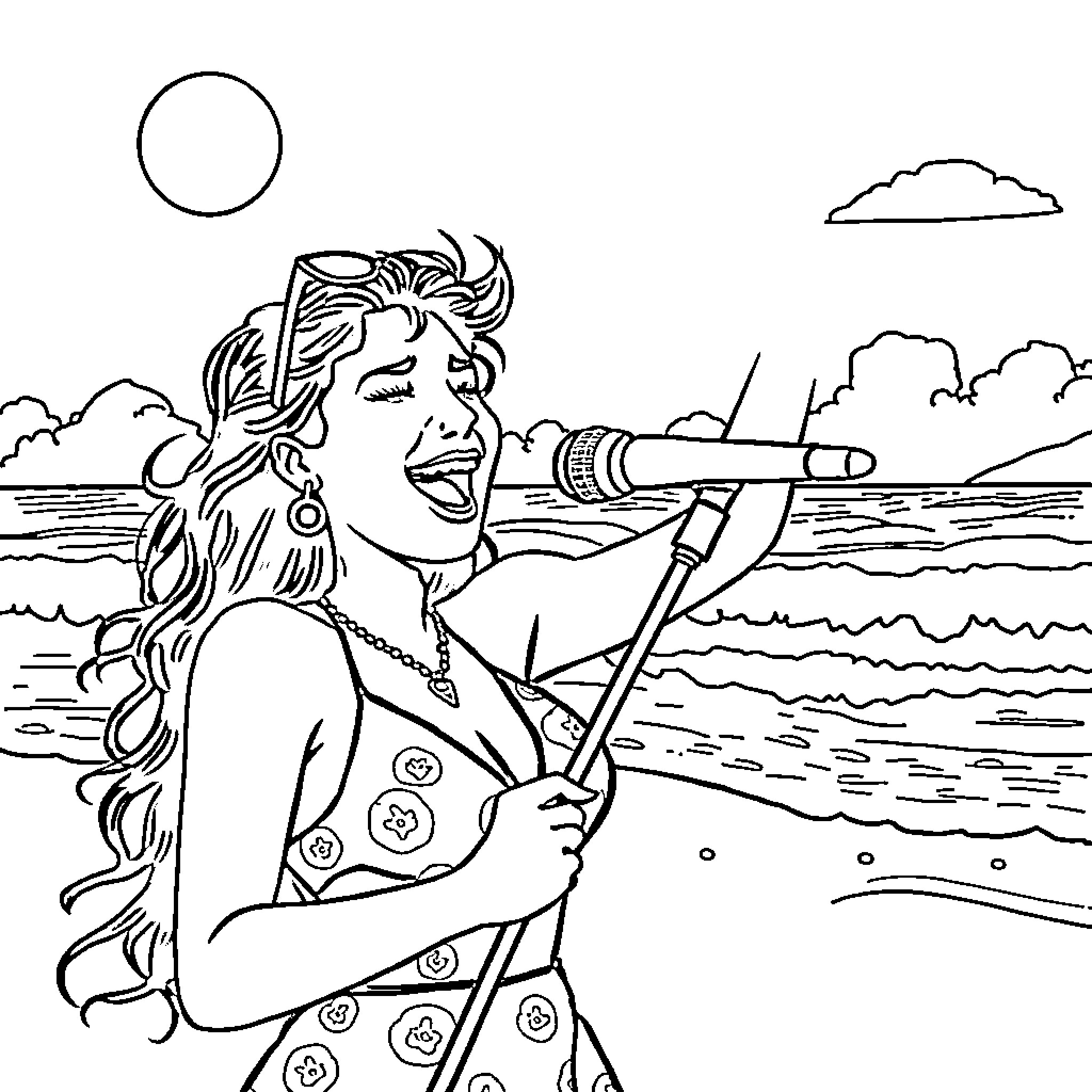 Dua Lipa singing passionately on the beach Coloring Page (free black-and-white line drawing printable PDF for all, from beginners to advanced learners, including children, teens, adults, and seniors)