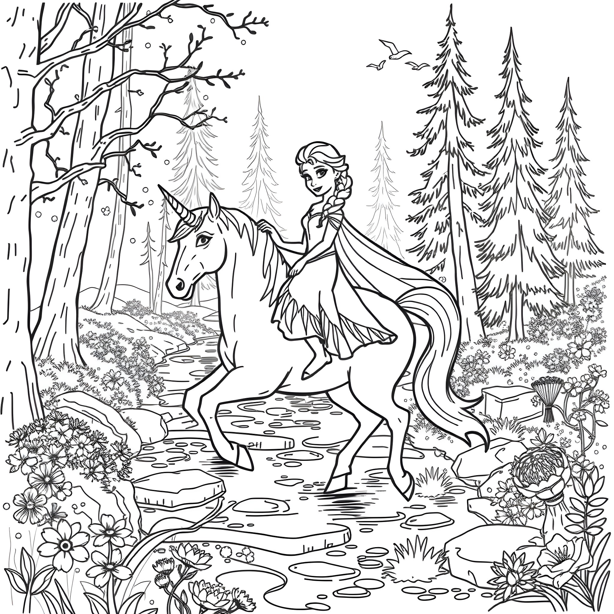 Elsa riding a unicorn in a magical forest Coloring Page (free black-and-white line drawing printable PDF for all, from beginners to advanced learners, including children, teens, adults, and seniors)