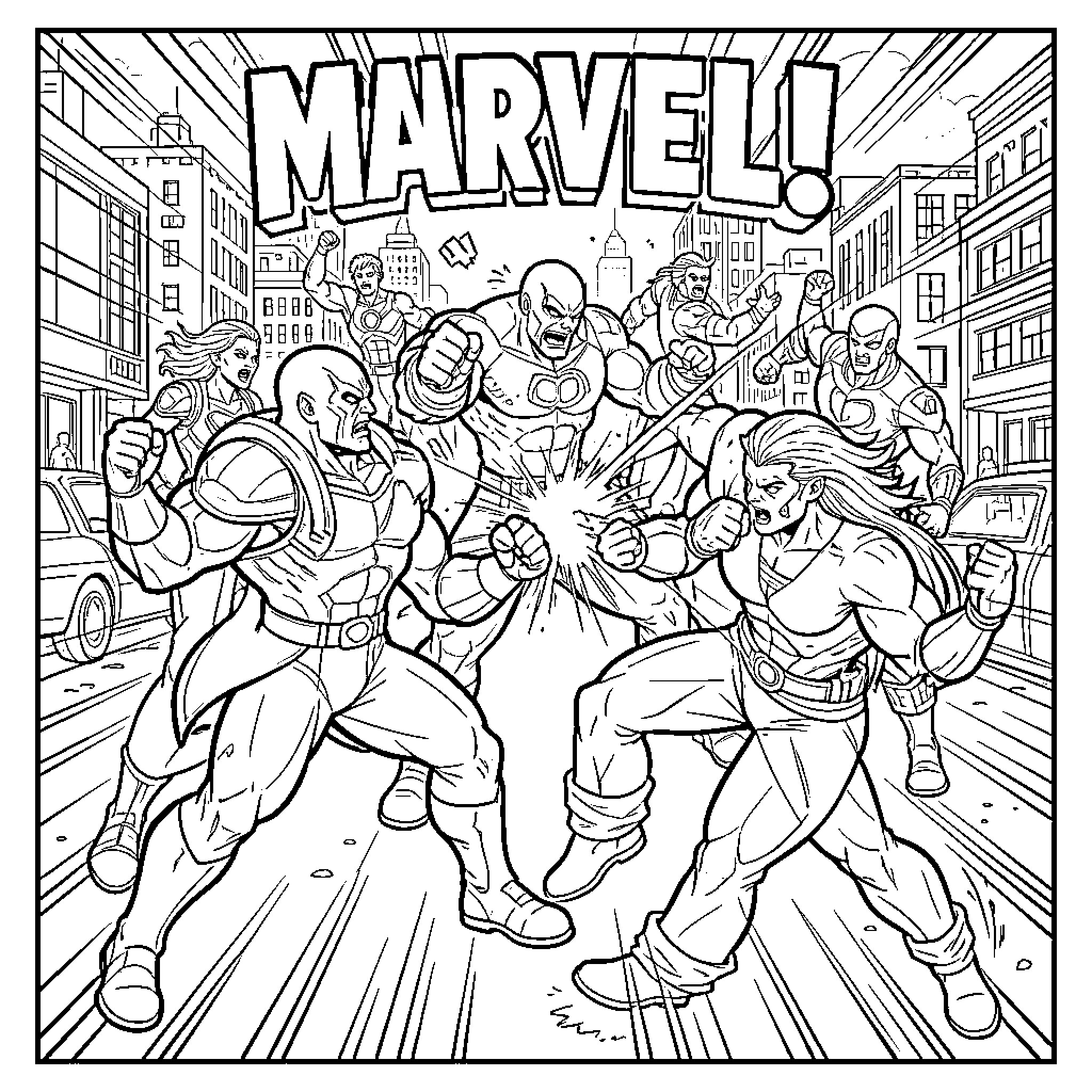 Fighter heroes in epic battle on city streets Coloring Page (free black-and-white line drawing printable PDF for all, from beginners to advanced learners, including children, teens, adults, and seniors)